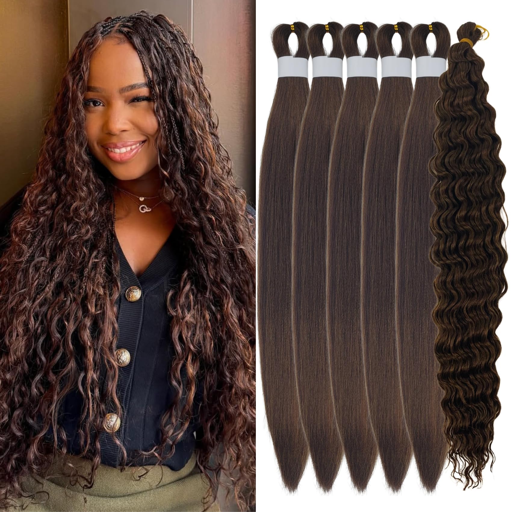 Dark Honey Brown Boho Braiding Hair Mixed Synthetic Deep Wave Boho Braids Hair for Braiding