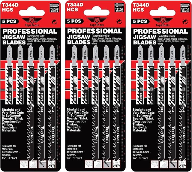 15 x TopsTools JSTT344D_3 T344D 152mm Long Clean and Fast Cuts Jigsaw Blades Compatible with Bosch, Dewalt, Makita, Milwaukee and many more