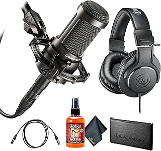AT2035 Cardioid Condenser Microphone, Black ATH-M20x Studio Monitor Headphones, Black (AUD ATHM20X) + PodMaster Boom Broadcast/Podcast Boom Arm Mic Stand + More
