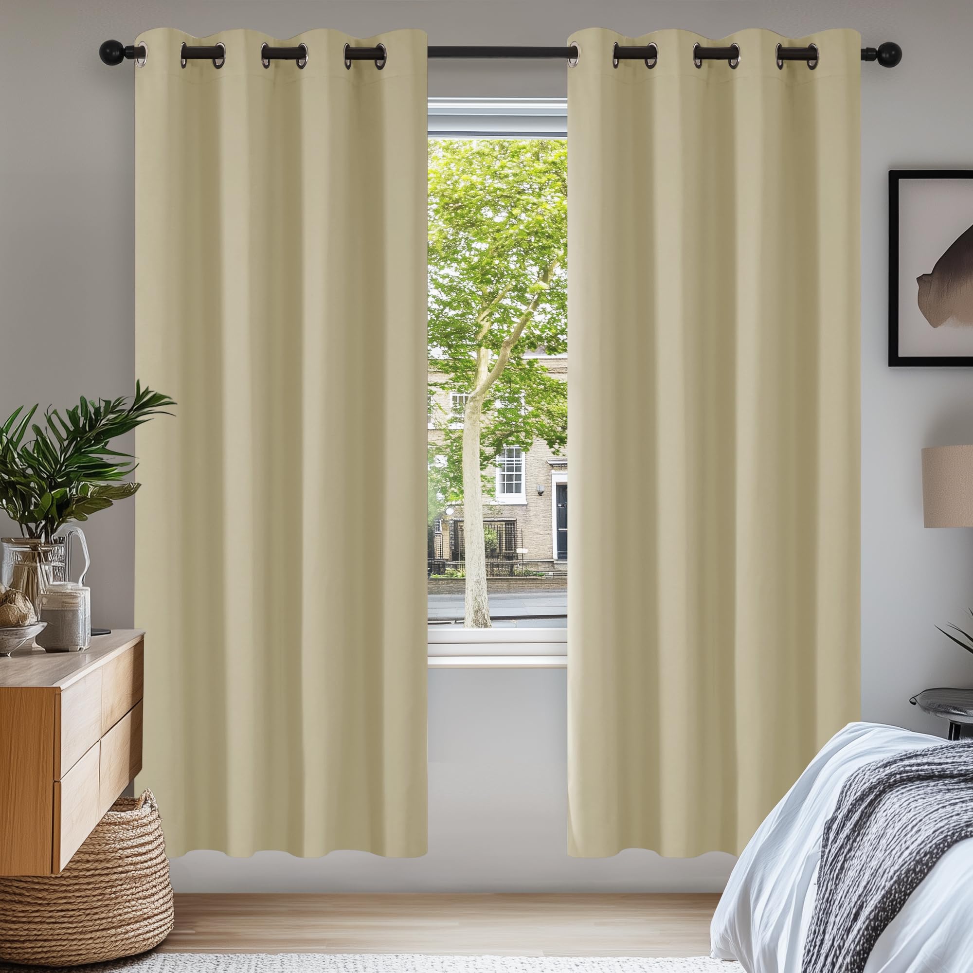 Deconovo Beige Super Soft Bedroom Curtains Thermal Insulated Eyelet Room Darkening Curtains For Kids 46 X 72 Inch 2 Panels