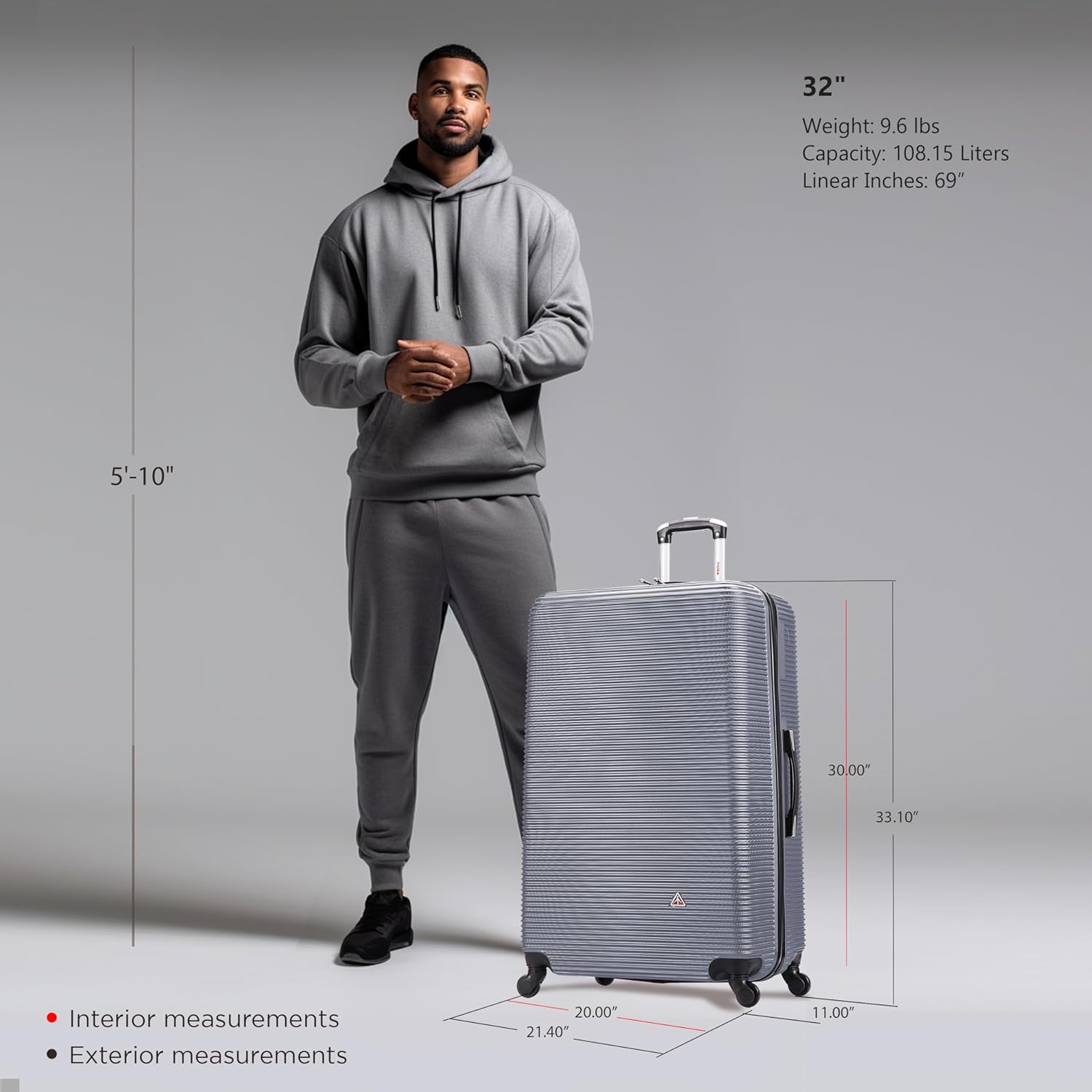 inusa royal hardside spinner luggage with ergonomic handles | spacious travel suitcase with four spinner wheels and studs | 32 inch extra large spinner luggage | silver 32 inch (xl) silver