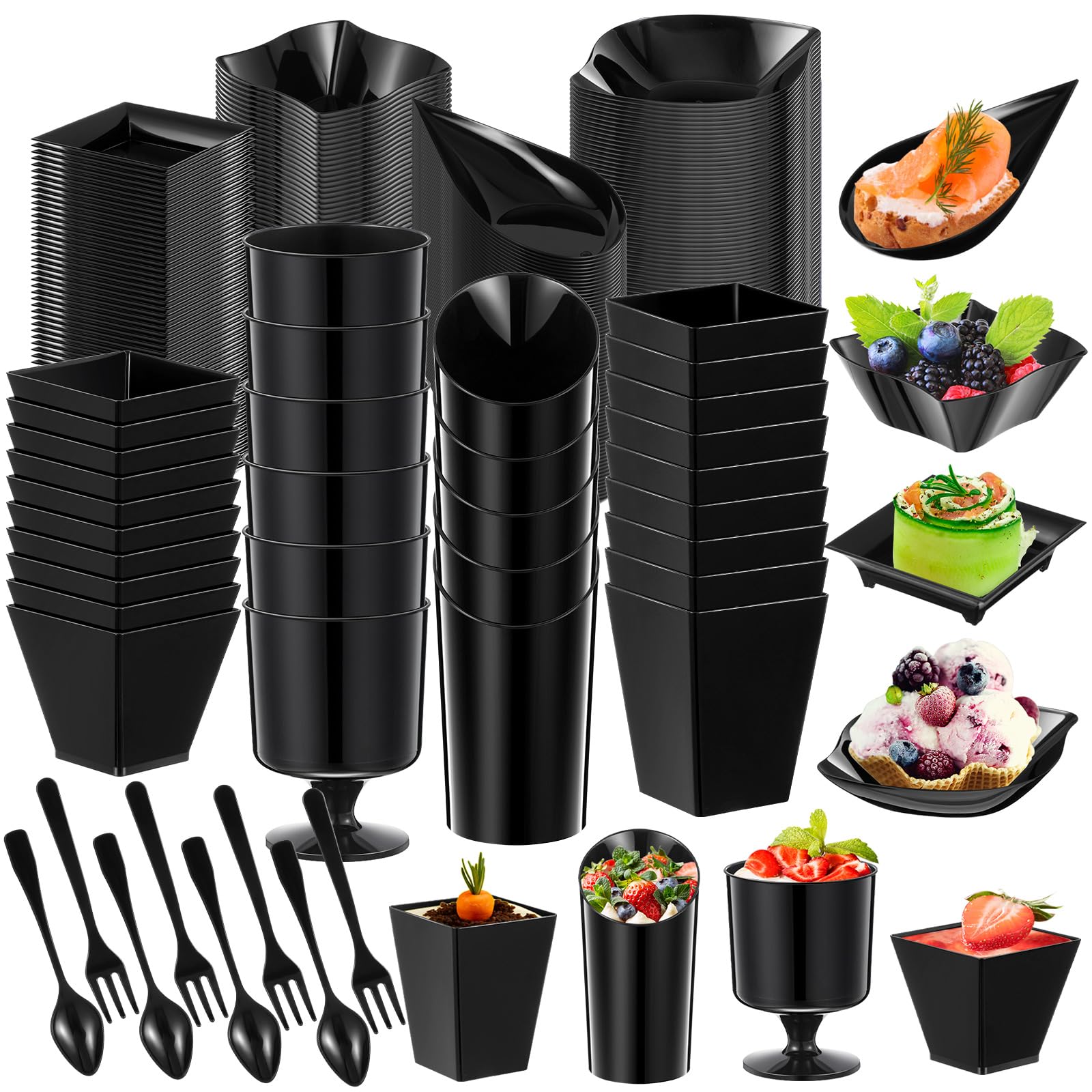 Kritkin 160 Pcs Mini Appetizer Plates Dessert Cups Spoons Forks Set Dessert Containers Assorted Shape Plastic Parfait Cups Disposable Spoon Forks for