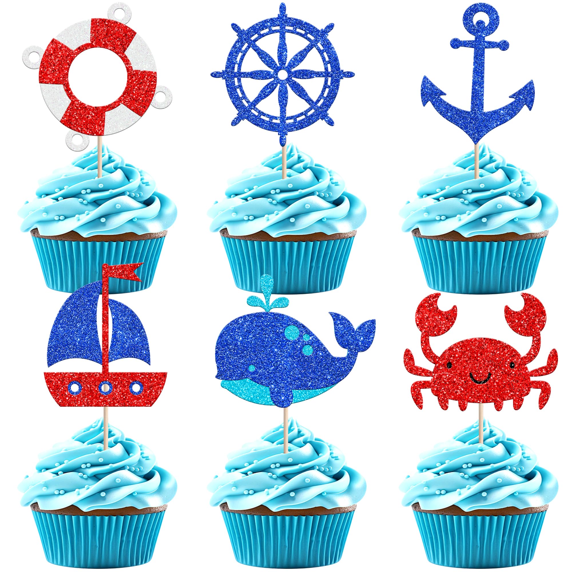 24 Stück Nautisch Tortendeko Ozean Marine Thema Cupcake Toppers Delfin Krabbe Segelboot Kuchen Deko für Baby Dusche Kinder Geburtstag Party Kuchen Dekorationen Dunkelblau