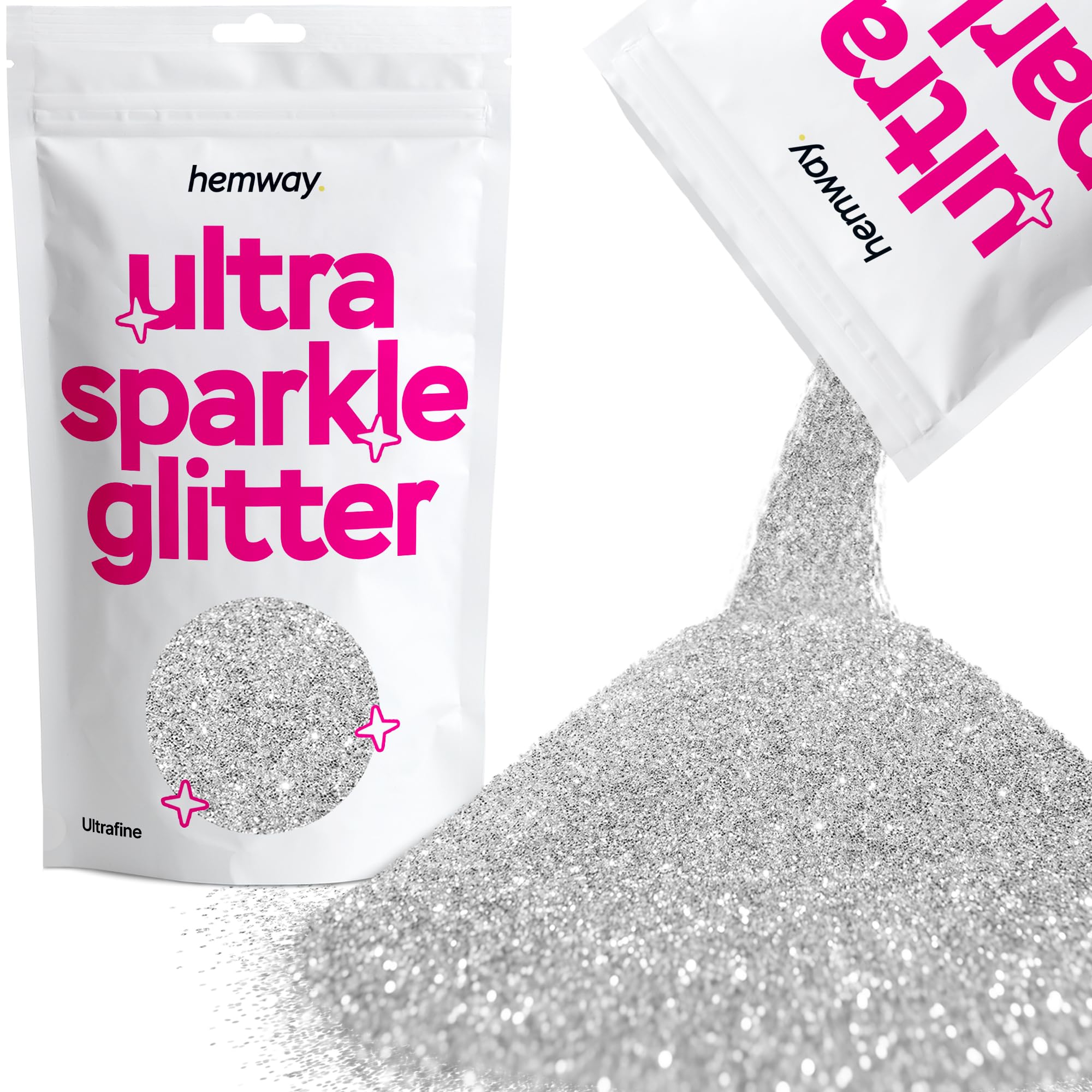 Hemway Premium Ultra Sparkle Glitter Multi Purpose Metallic Flake for Arts Crafts Nails Cosmetics Resin Festival Face Hair - Silver - Ultrafine (1/128" 0.008" 0.2mm) 100g / 3.5oz
