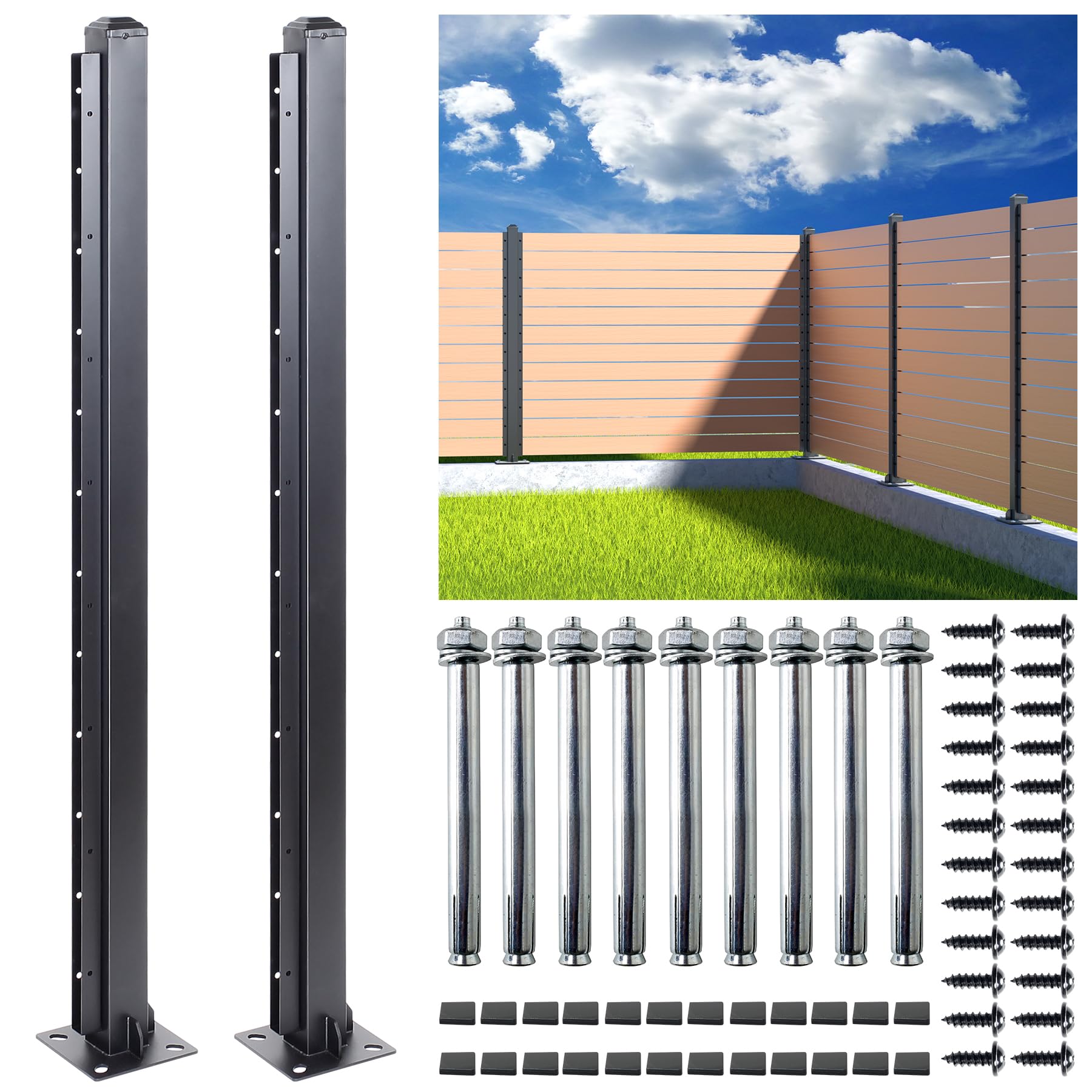 BITALS Q235A-Steel 4ft (H/48in) Heavy Duty Fence Post - End Post, Suitable for Outdoor Patio, Backyard and Garden Fence Post Bracket Construction (