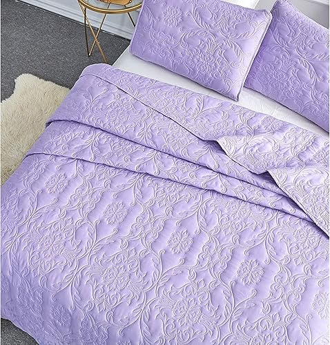 Miniatura 5 de Saranya 18 Shop - Juego de edredón moderno de 3 piezas de color morado, funda de almohada en relieve, ropa de cama en relieve, ropa de cama en
