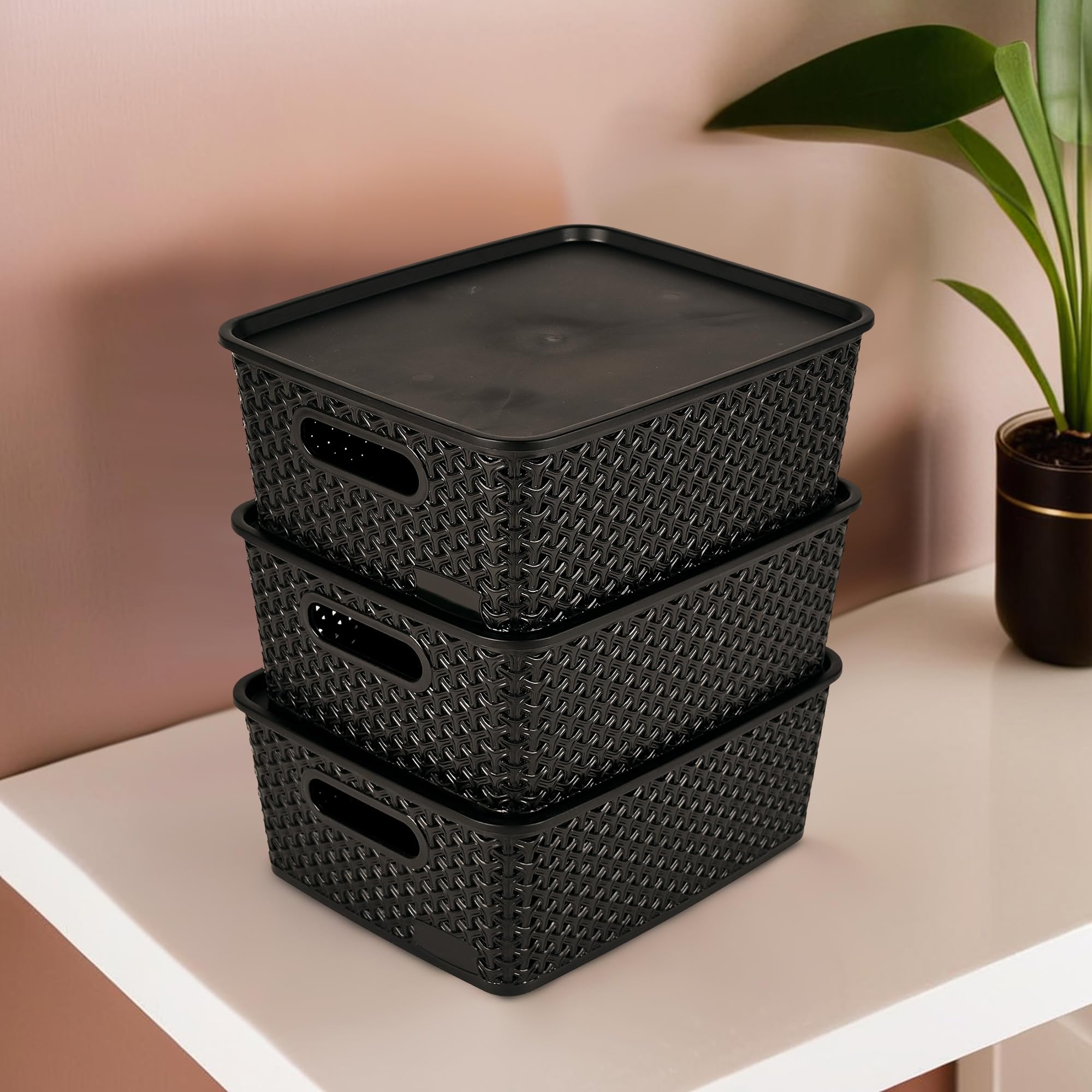 Kuber Industries 3 Pcs Stackable Plastic Storage Box with Lid | H3 Multi-Purpose Basket for Storage - Ideal Home Organizers for Baby Dress, Stationary, Medicine & Pooja Items | Black
