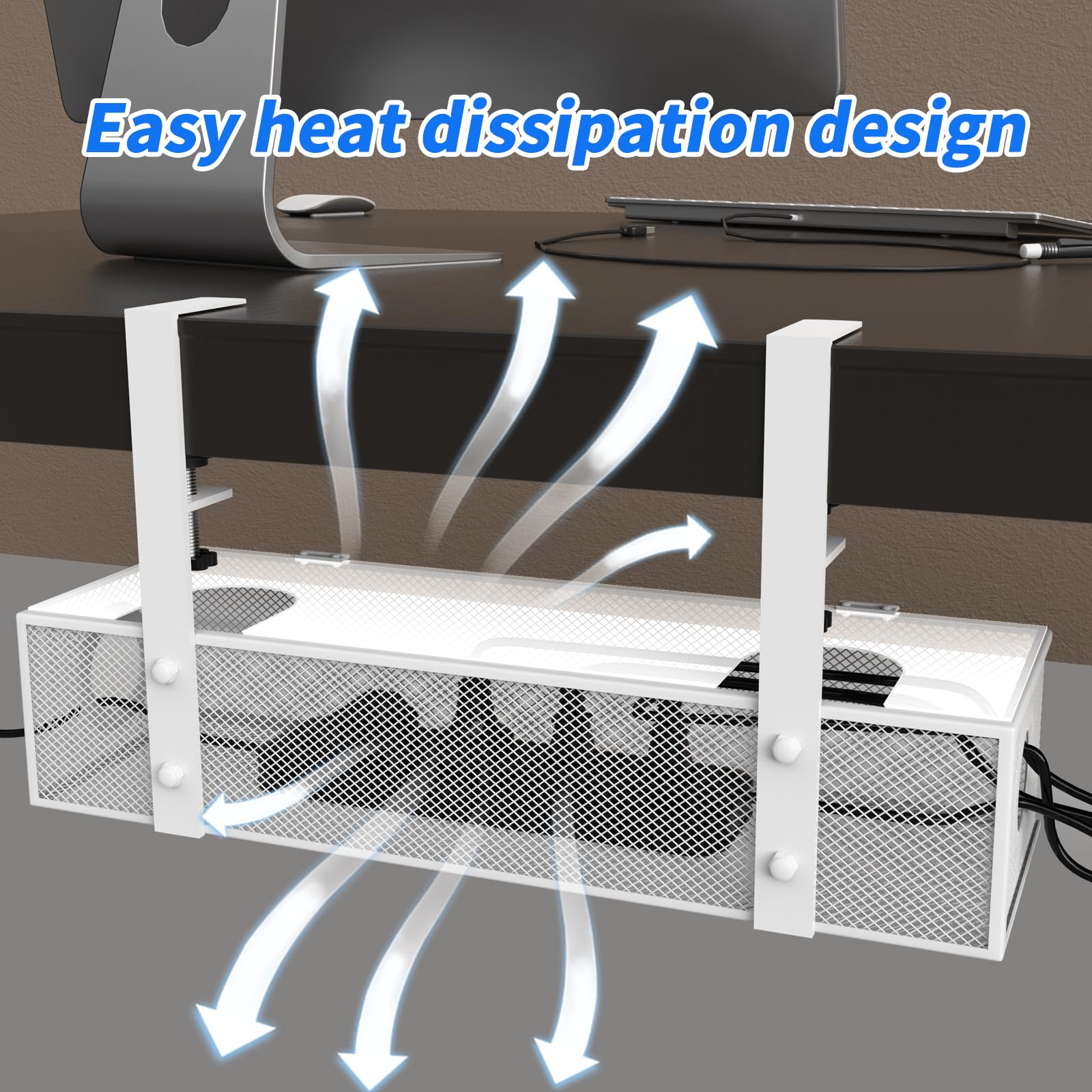 No Drilling Under Desk Cable Management Box Tray with Lid Metal Under Desk Wire Management Box Clamp Mount Under Table Cord Management Organizer No Damage to The Desk