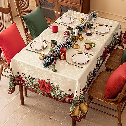 Miniatura 2 de Softalker Mantel rectangular de jacquard de Navidad con flor roja, impermeable y resistente a las manchas, de poliéster, estampado floral, para