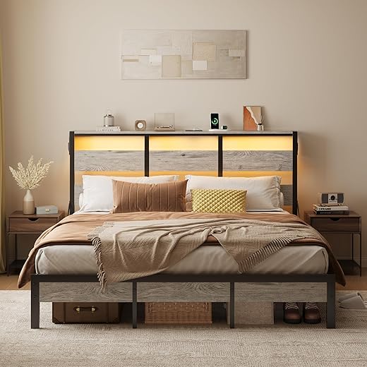 Bestier Grey Full Bed Frame with Storage