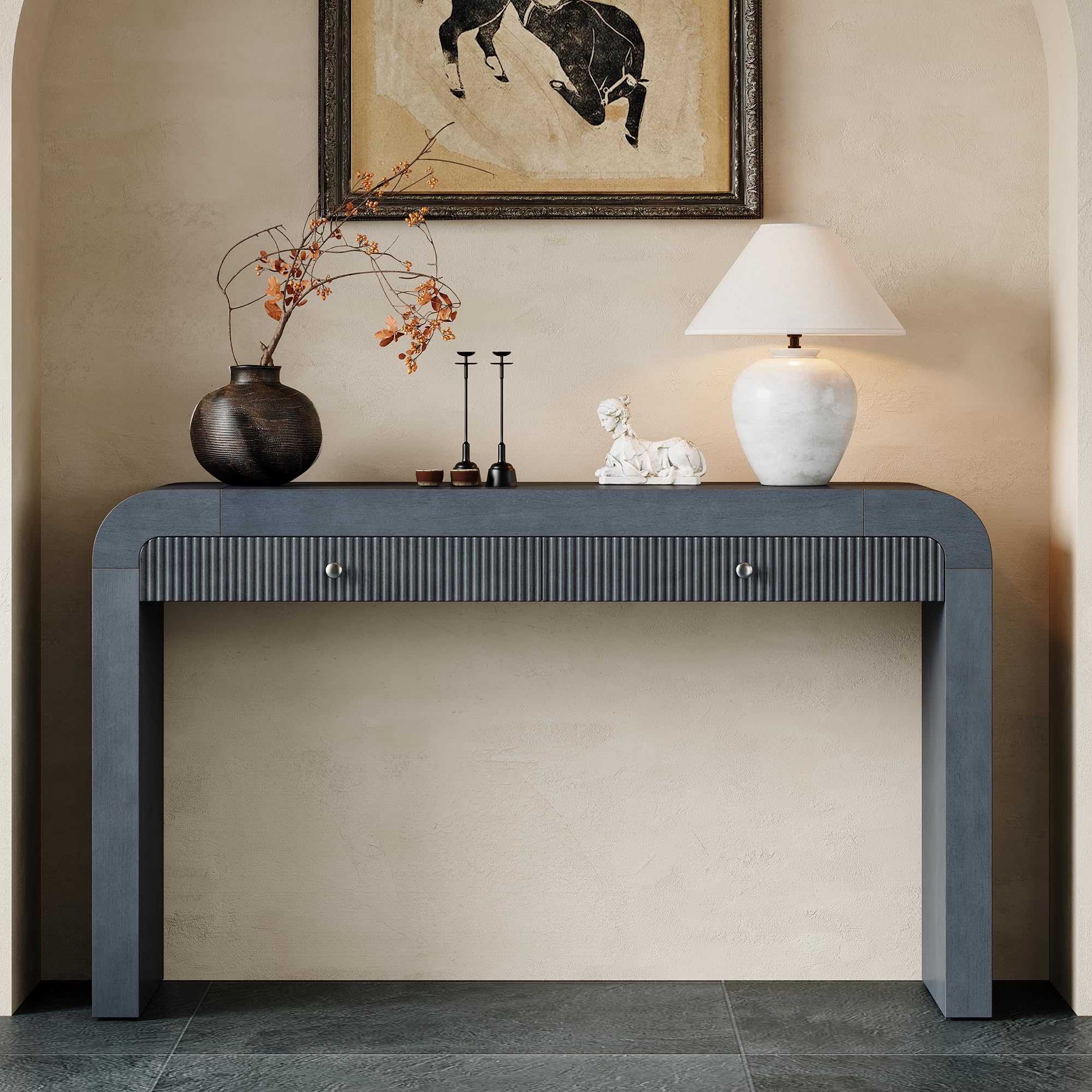 Curved Console Table with 2 Drawers, Rustic 55” Fluted Entryway Table and Thick Legs for Living Room, Save Space, Dark Navy