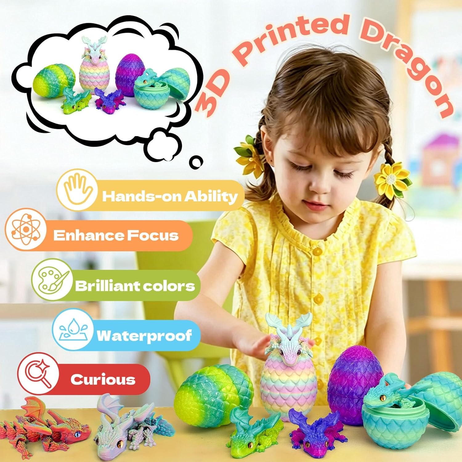 4pcs 3D Printed Dragon Eggs with Wings,Flexible Articulated Crystal mini Dragon,Flying Fidget Bird with Eyes Surprise Mini Mystery Dragon Egg, for Home Office Decoration Gift Desk Decor