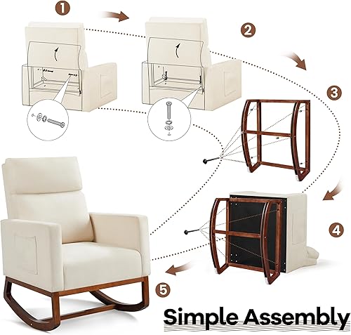 Miniatura 26 de Yaheetech Boucle - Silla de sala de estar, moderna silla mecedora tapizada, silla de guardería con bolsillo lateral y sillón de respaldo alto para