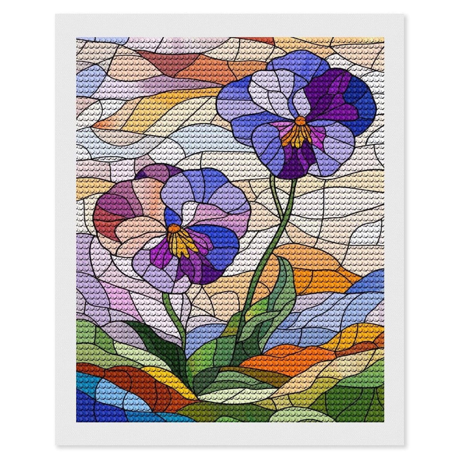 Junmoney Stained Glass Pansies Diamond Painting Kit 16"x20", Easy Handmade Project, Cosy Home Accent, for Craft Lovers, Holiday Gift Idea