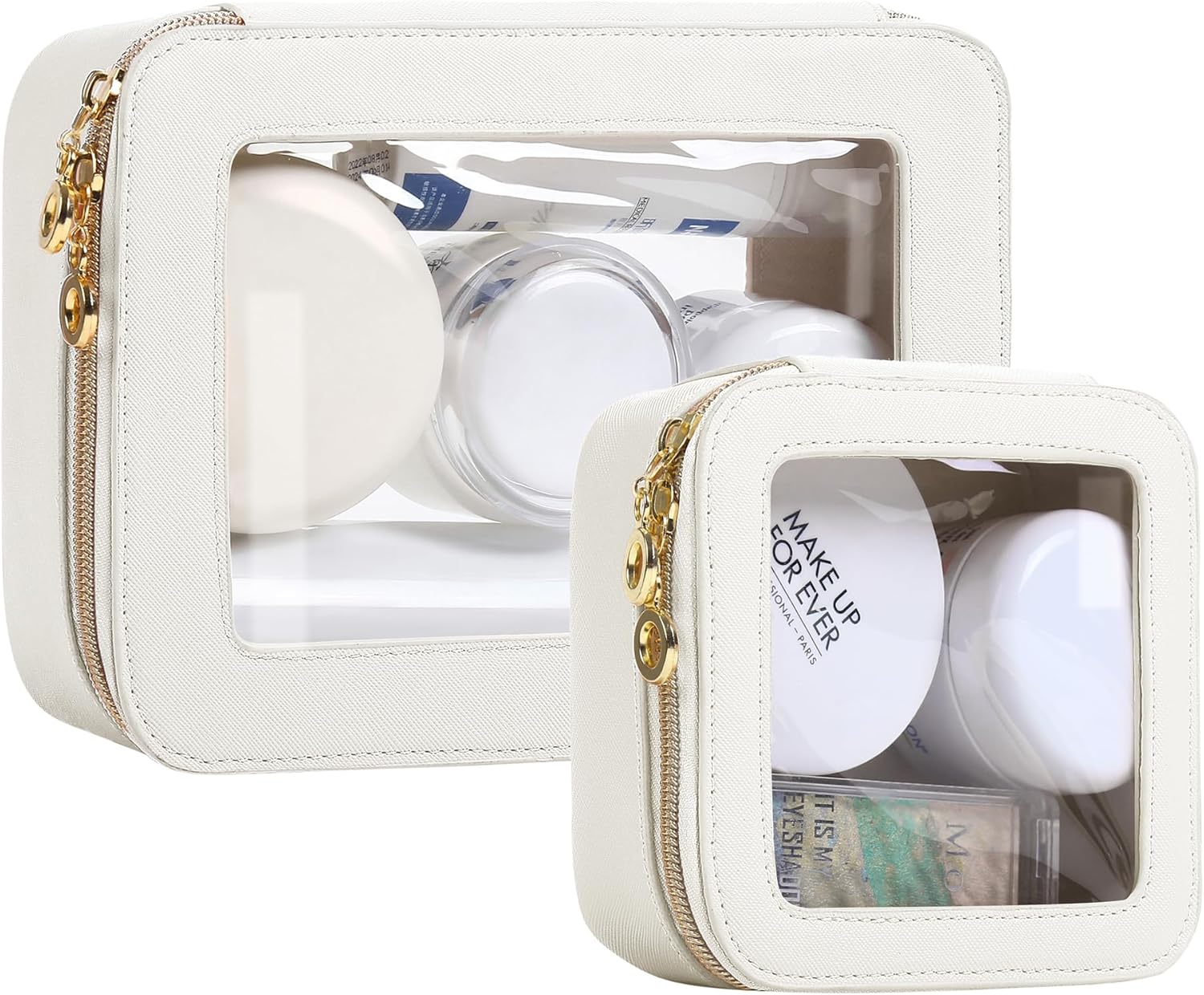 Leather Clear Makeup Bags Set - Travel Clear Cosmetic Bag Case with Zipper, Transparent TSA Approved Toiletry Bags for Travel Essentials Car Accessories for Women (White, S+M)