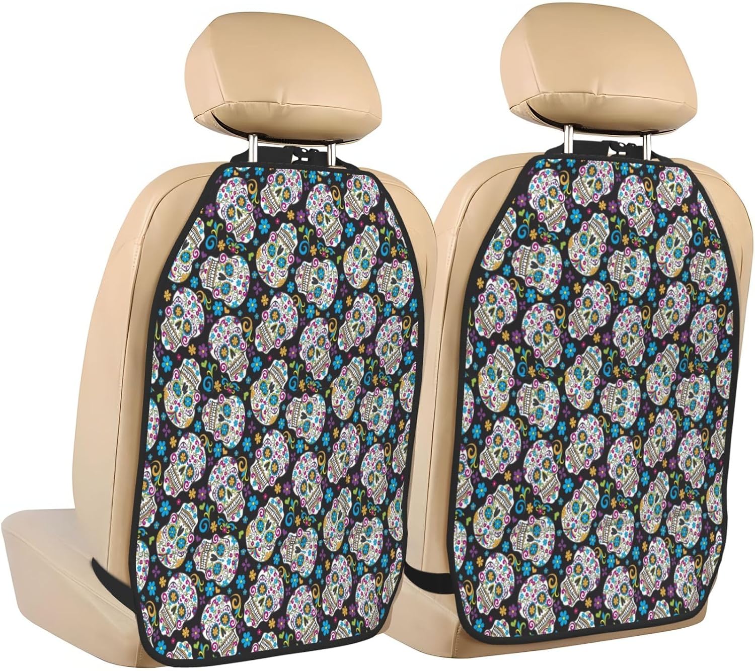 Sugar Skulls Art 2-Piece Set of Car Seat Kick Protectors for Front Seat Backrests, Used for Car Rear Seat Backrests Protectors