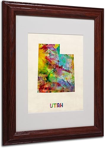 Trademark Fine Art Utah Map - Arte enmarcado mate por Michael Tompsett en marco de madera, 11 x 14 pulgadas