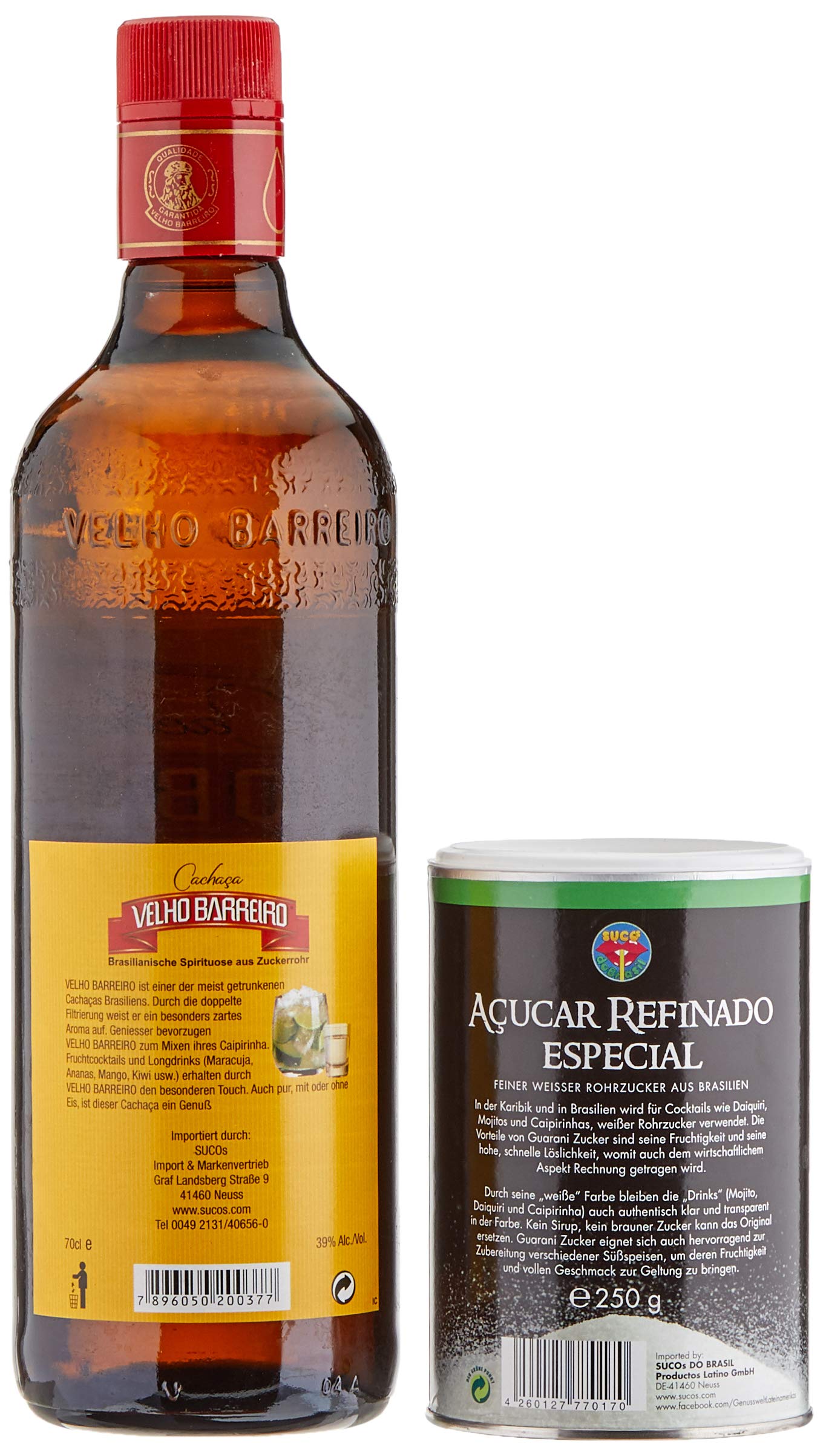 Velho Barreiro Caipi-Set II-Caiprinha Bundel, Cachaca, Rohrzucker, Stampfer, Glas in Geschenkverpackung (1 x 0.7 l)