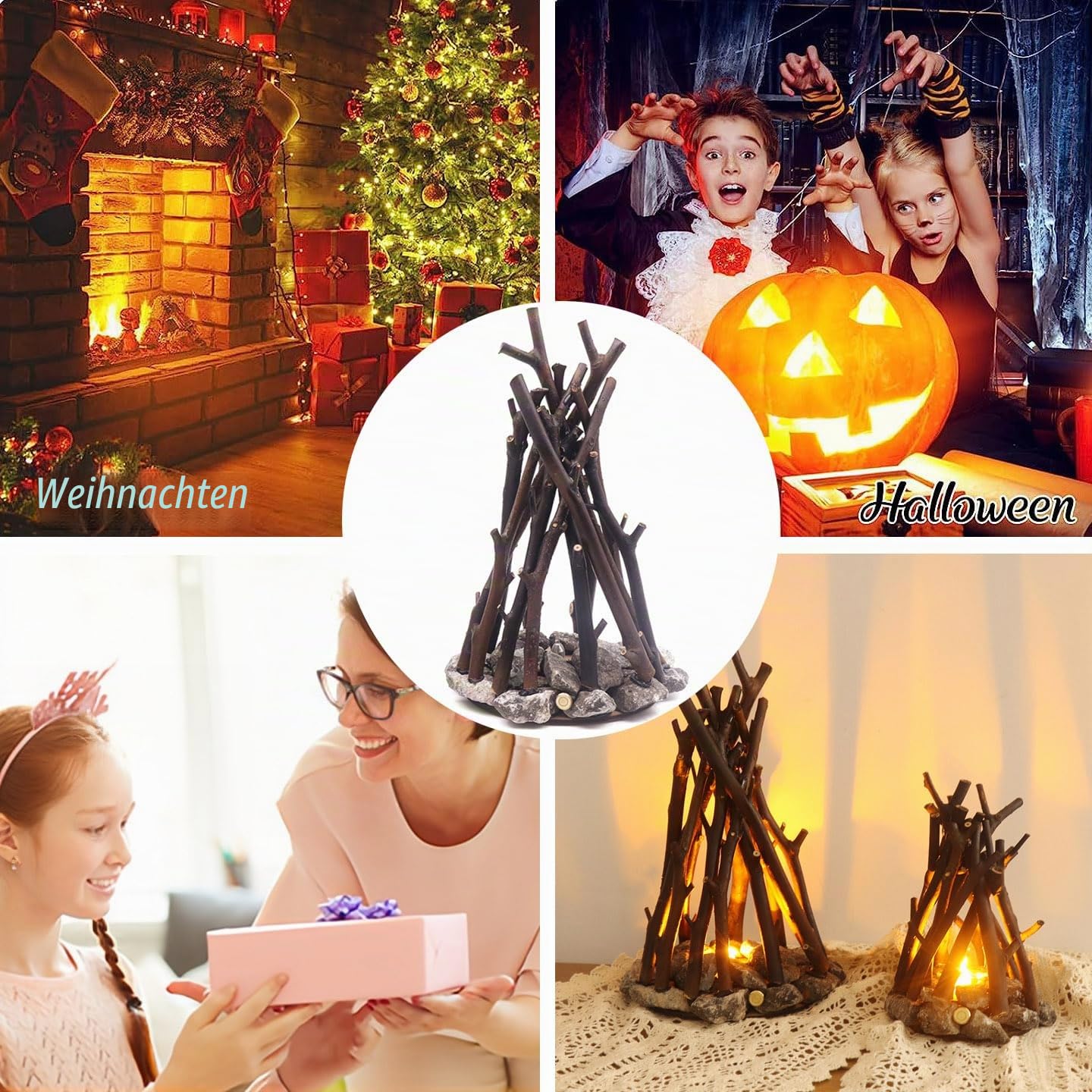 Retro Lagerfeuer Lampe mit Wiederaufladbare LED Flamme Licht Lagerfeuer Effekt Baum Zweig Form 3 Modi Sicherheit Indoor Outdoor für Tabletop Home Weihnachtsdekoration