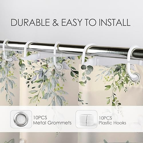 Miniatura 3 de LB Cortina de ducha de hojas de eucalipto verde salvia, hojas de acuarela, mariposa sobre fondo beige, cortina de ducha de baño con plantas