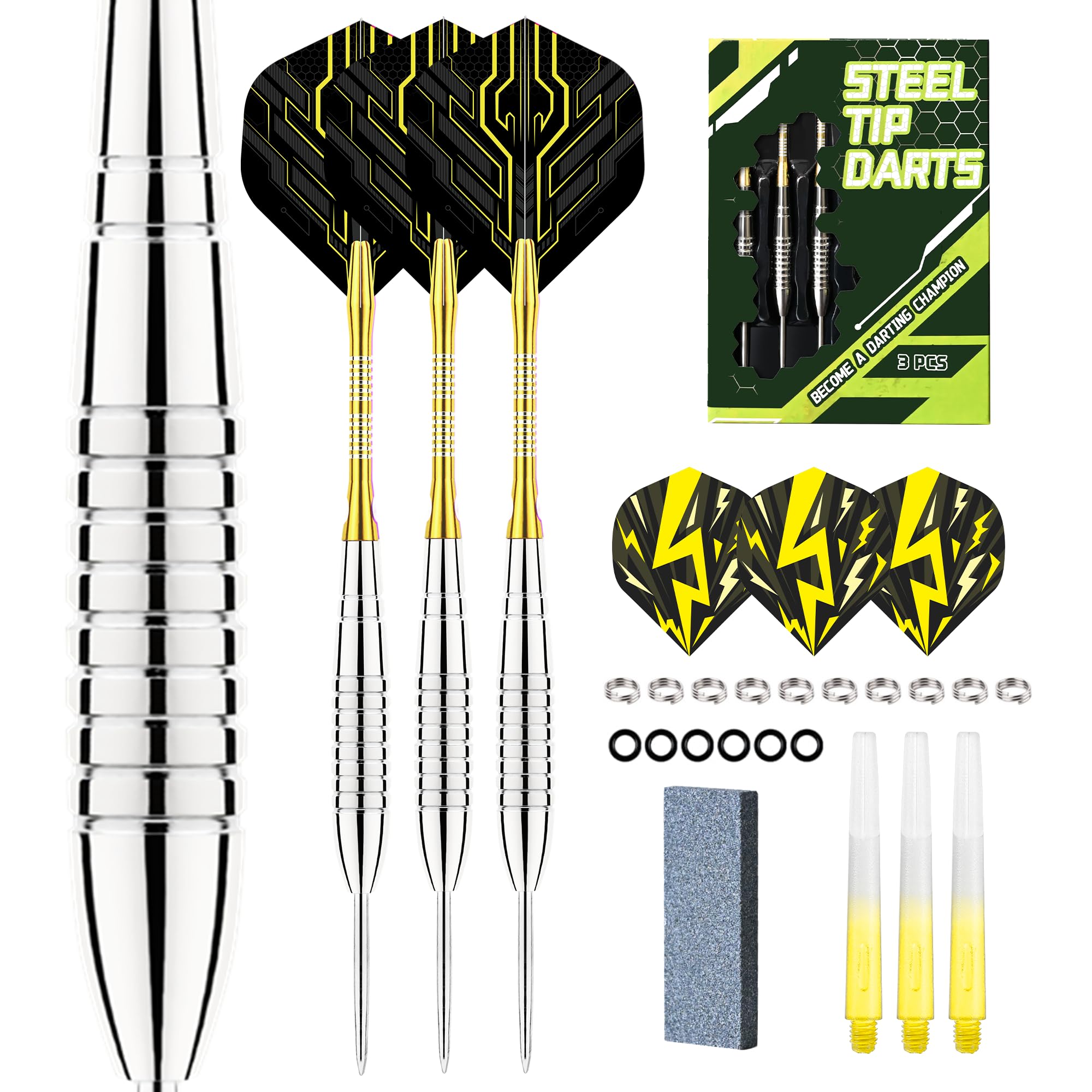 WayArrival Steeldarts Set 22g – Premium Nickel-Silber Barrels (Schlanker als Messing) – Profi Dartpfeile mit Metallspitze für Sisal-Dartscheibe – Inkl. Schleifstein, 6 Ersatz-Flights & Schäfte, Etui
