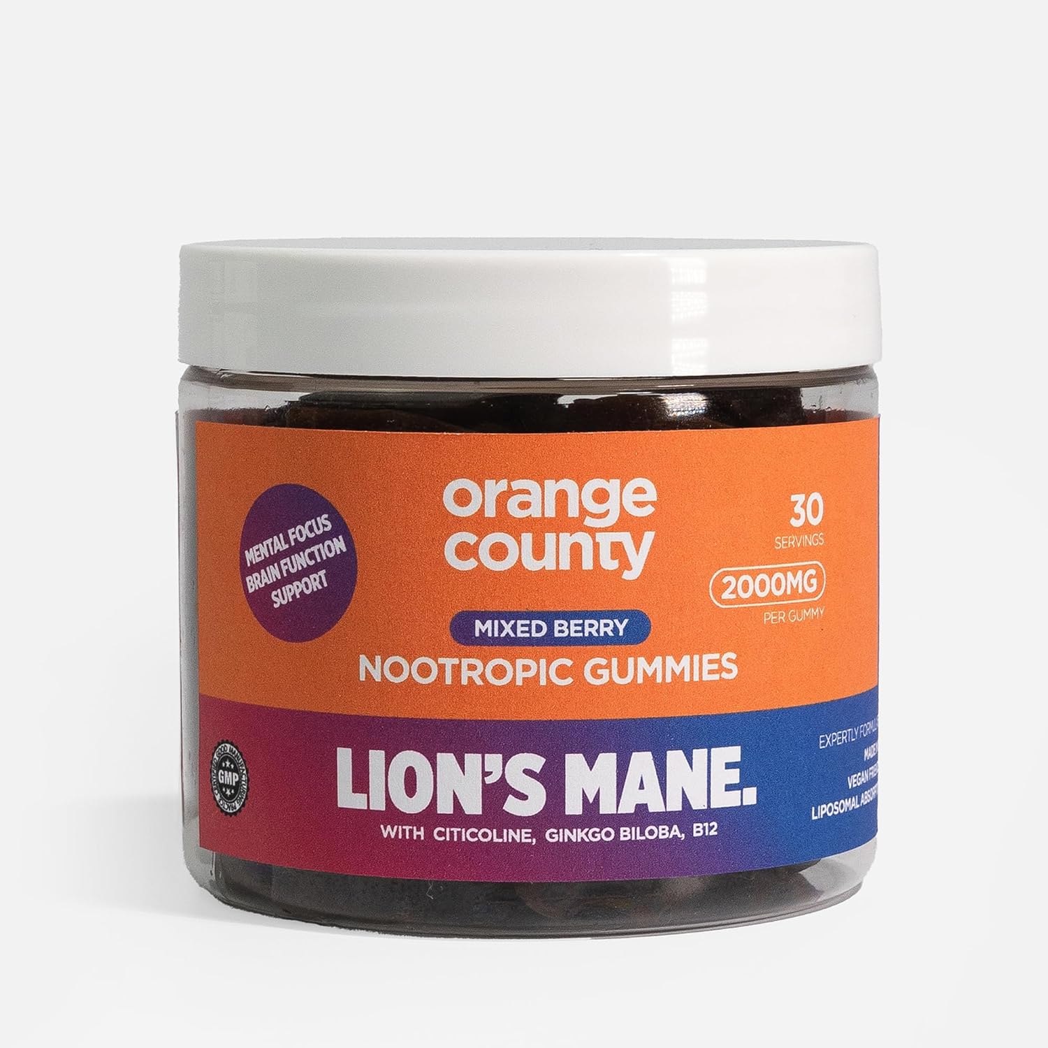 Orange County Lion’s Mane Mushroom Supplement Gummies, Focus & Productivity Nootropic Gummies | 2,000mg Lion’s Mane, Mixed Berry, Citicoline, Ginkgo Biloba