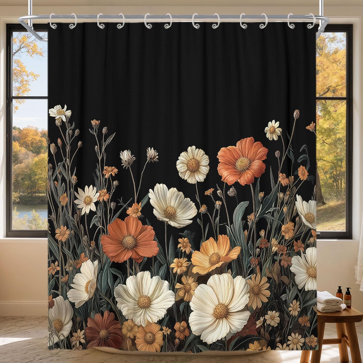 Black Floral Shower Curtain, Vintage Boho Flower Wildflower Botanical Rustic Bathroom Curtain Decor, Country Polyester Fabric Waterproof Bath Curtain with 12 Hooks 72x72 Inch