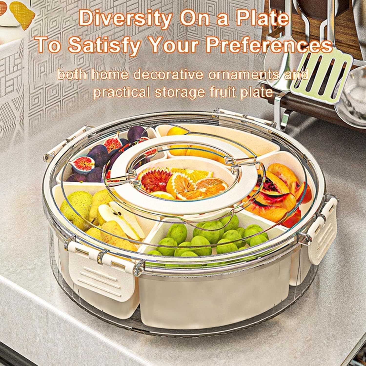 Contenitore portatile per snack con coperchio e manico, vassoio girevole con 6 scomparti trasparenti per snack, frutta, dolci, ideale per feste e viaggi