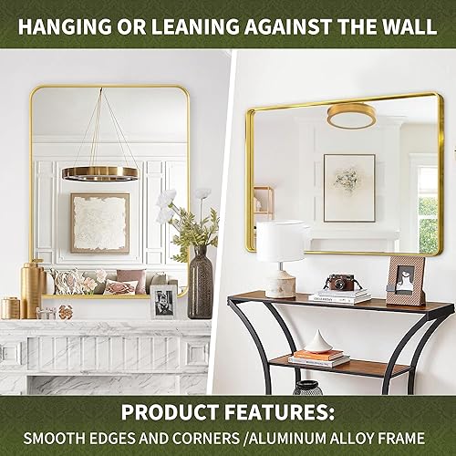 Miniatura 4 de Suidia Espejo de baño, 24 x 32 pulgadas, montado en la pared, esquinas redondeadas cepilladas, marco de metal, espejo rectangular de tocador de