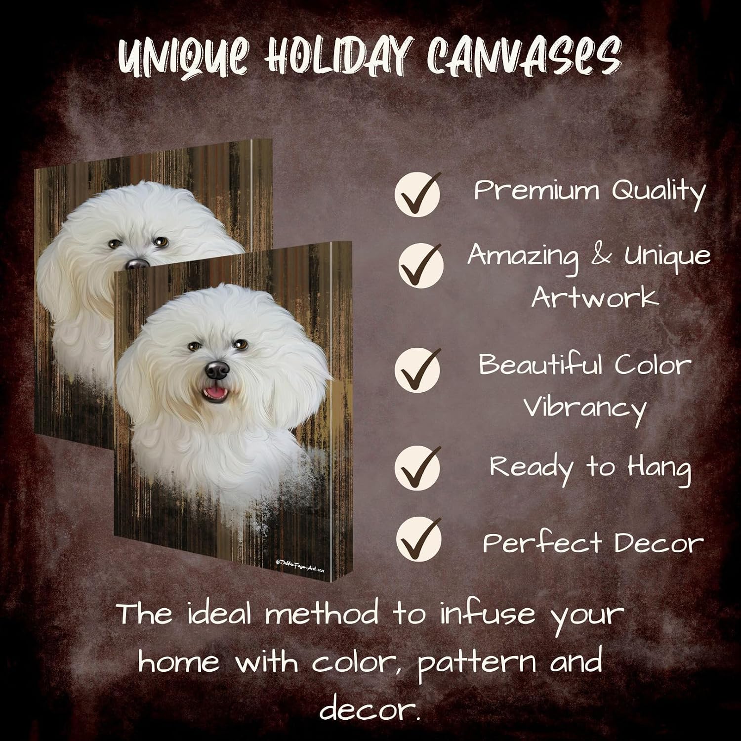 Rustic with Bichon Frise Dogs Canvas Wall Art - Premium Quality Ready to Hang Room Decor - White Floating Framed 16" x 24"