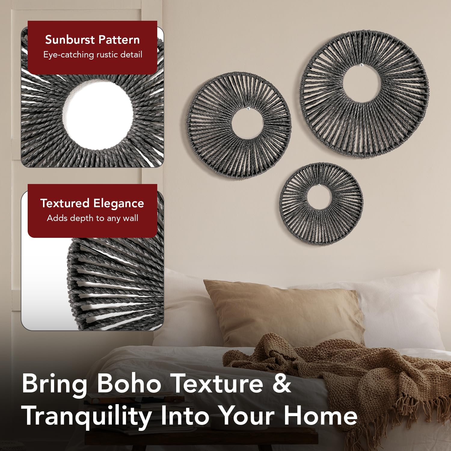 American Art Decor Round Paper Rope Wall Decor Set of 3, Black - Boho Wall Art, Farmhouse Basket Style
