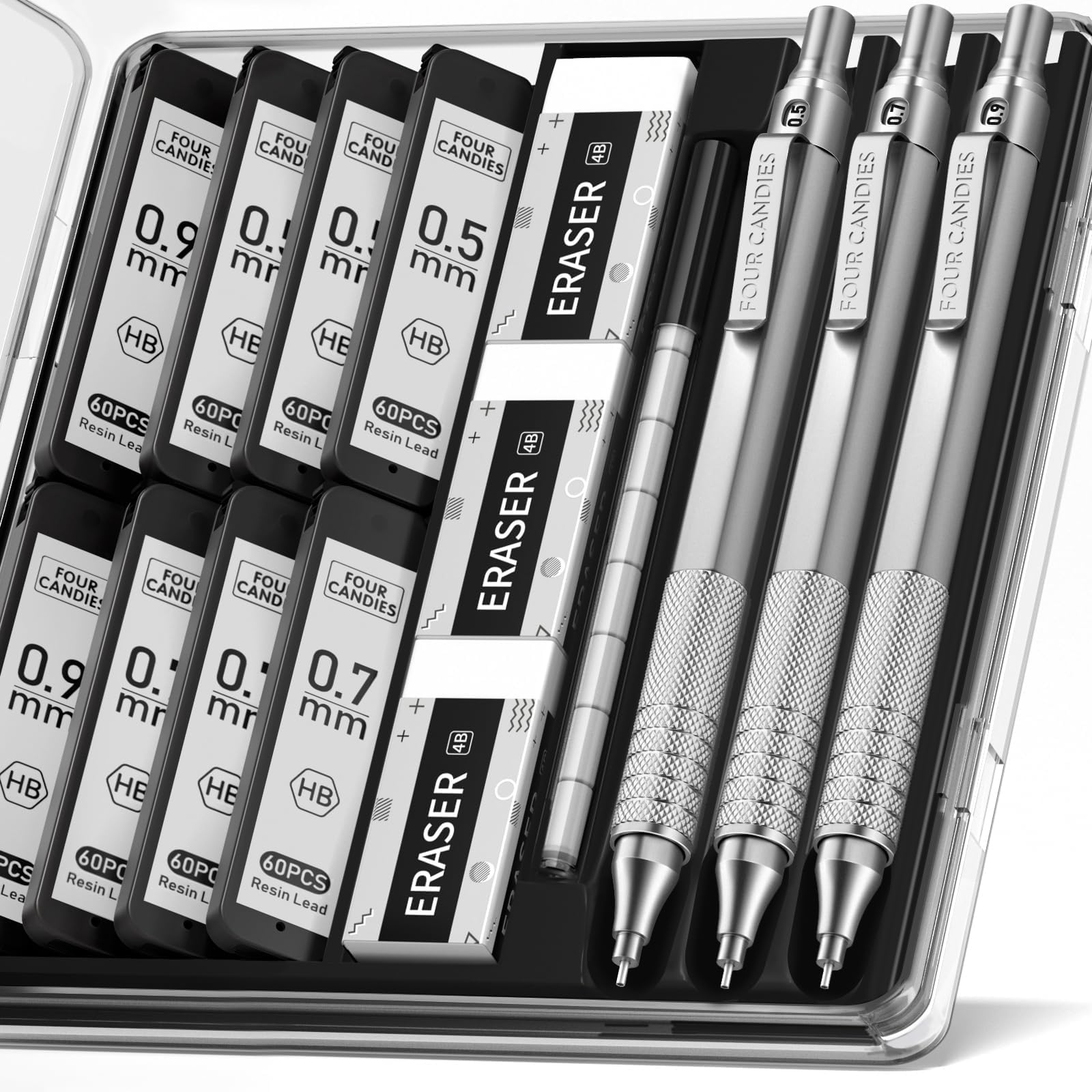 Four Candies Metal Mechanical Pencil Set, 3PCS Artist Lead Pencil 0.5mm & 0.7mm & 0.9mm with 480PCS HB Lead Refills, 3 Erasers, 9 Eraser Refills For