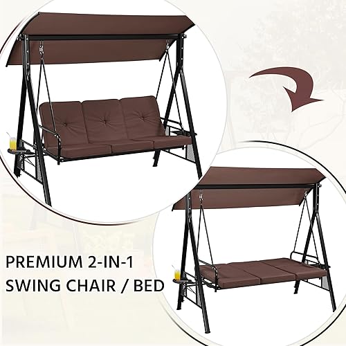 Miniatura 5 de Yaheetech Silla de columpio para exteriores de 3 asientos, columpio de estructura de acero resistente a la intemperie para jardín, piscina, balcón,