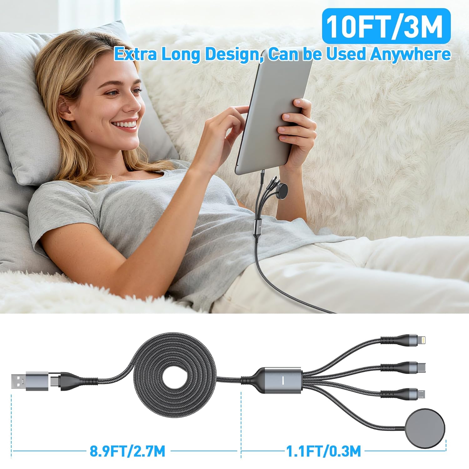 100W 4 in 1 Multi Chargers Cable for Samsung Galaxy Watch 8/7 6/5/4/3, Galaxy w-atch Classic 8/7/6/5/4, 10FT Magnetic Samsung Watch and Phone Charger with Data Transfer for iPhone 15/14/13/ Galaxy S25 - Image 8