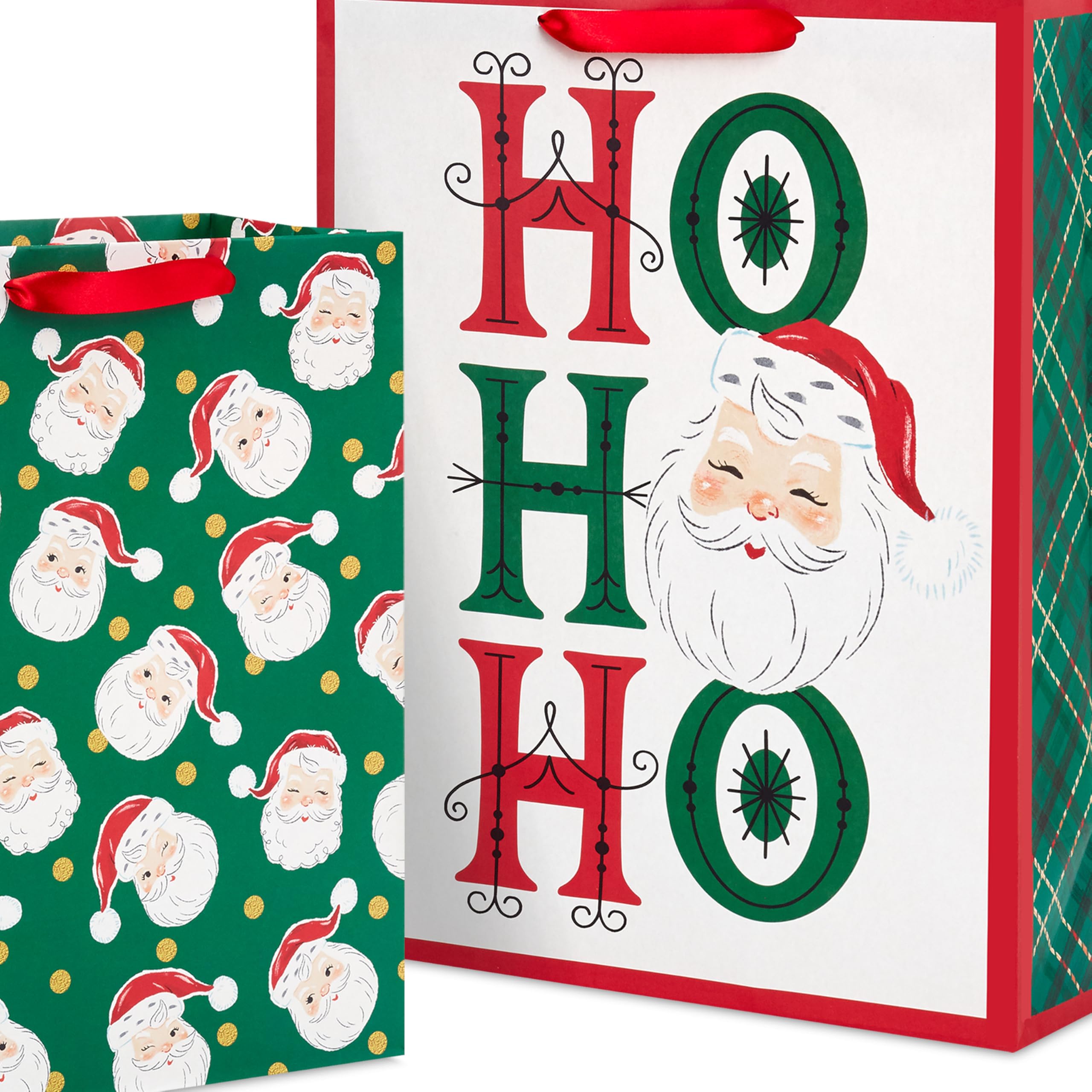 Hallmark Retro Christmas Gift Bag Bundle for Kids (2 Bags: 13" Large, 15" Extra Large) Vintage Santa, Ho Ho Ho, Green, Red and White