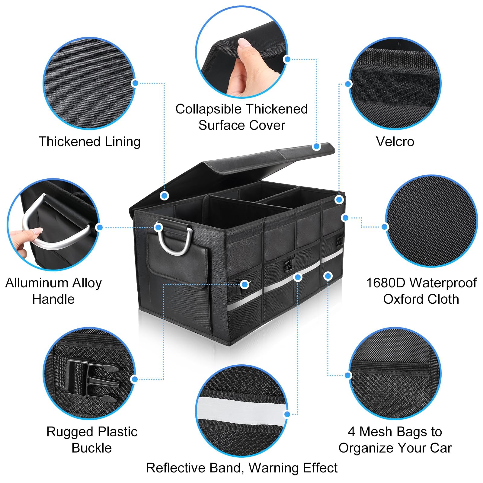 Rangement Coffre de Voiture Organiseur de coffre de voiture pliable Oxford 1680D Organisateur de Coffre Sac de Rangement avec Sac imperméable Sac pour Coffre avec Couvercle