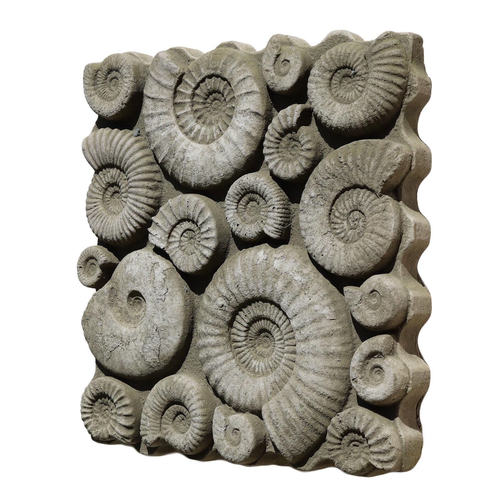 Stone Fossils Wall Sculpture 31cm Antique Grey Square Ancient Ammonite Garden Plaque