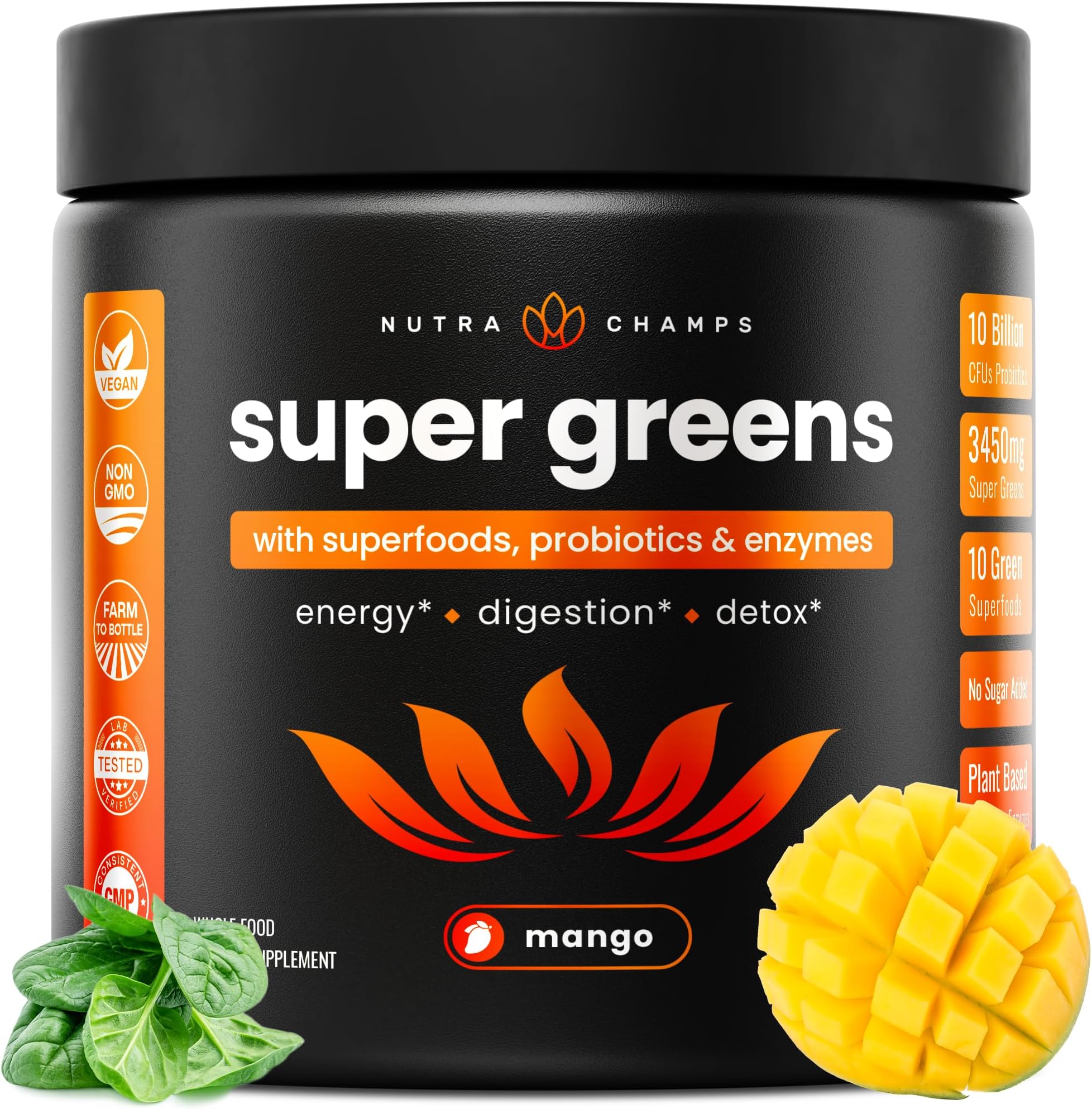 Super Greens Powder Premium Superfood | 20+ Organic Green Veggie Whole Foods | Wheat Grass, Spirulina, Chlorella | Antioxidant, Digestive Enzyme & Probiotic Blends (9.0 OZ, Mango)