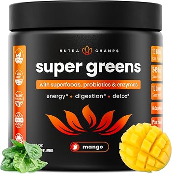 NutraChamps Super Greens Powder Premium Superfood | 20+ Organic Green Veggie Whole Foods | Wheat Grass, Spirulina, Chlorella | Antioxidant, Digestive Enzyme & Probiotic Blends 9.0 OZ, Mango