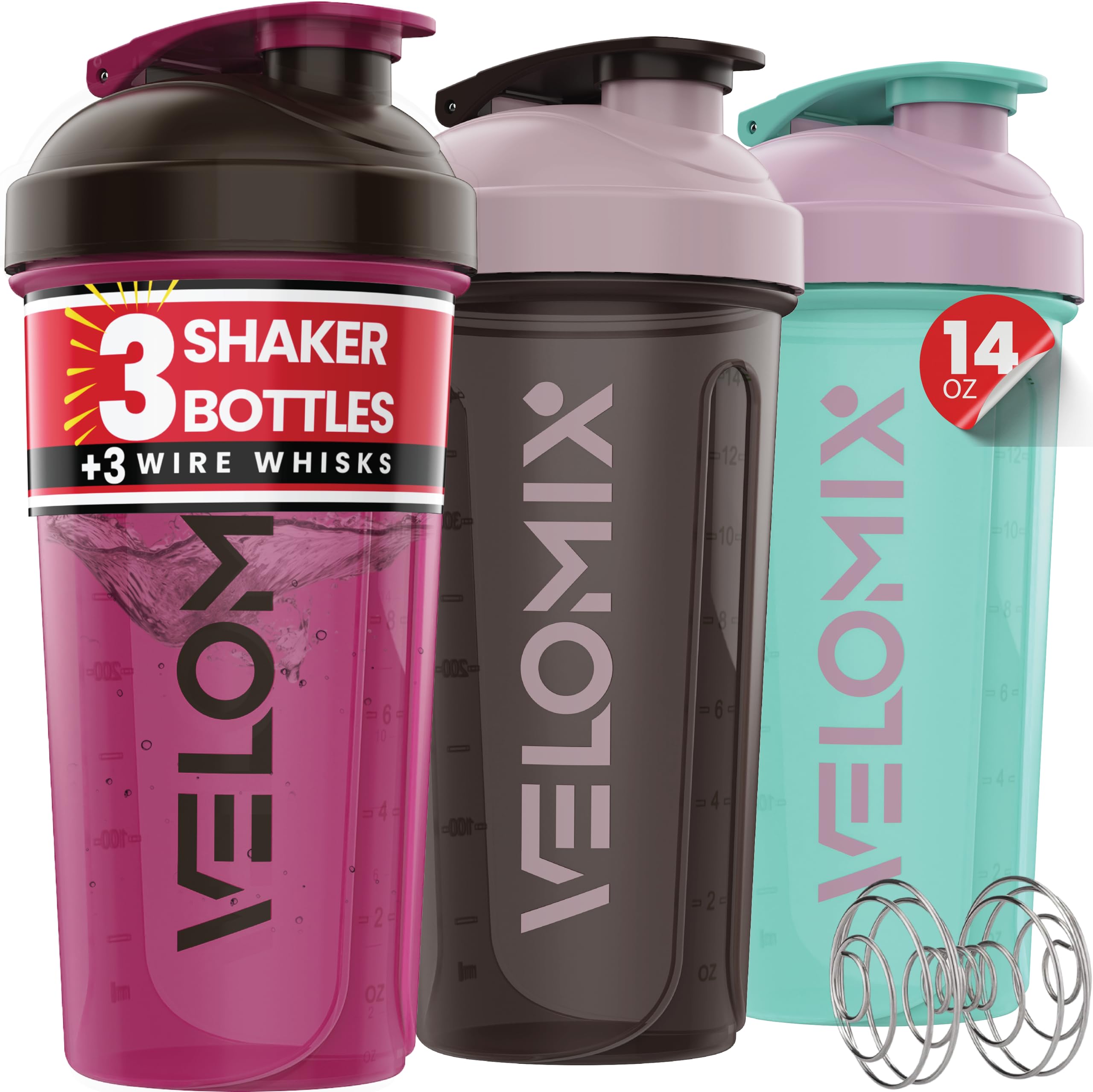 VELOMIX 3-Pack Protein Shaker Bottles Mixed Colors