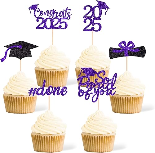 Miniatura 1 de Gexolenu 36 piezas de decoración de cupcakes de graduación de doble cara con purpurina morada de clase de 2023, decoración para tartas de graduación