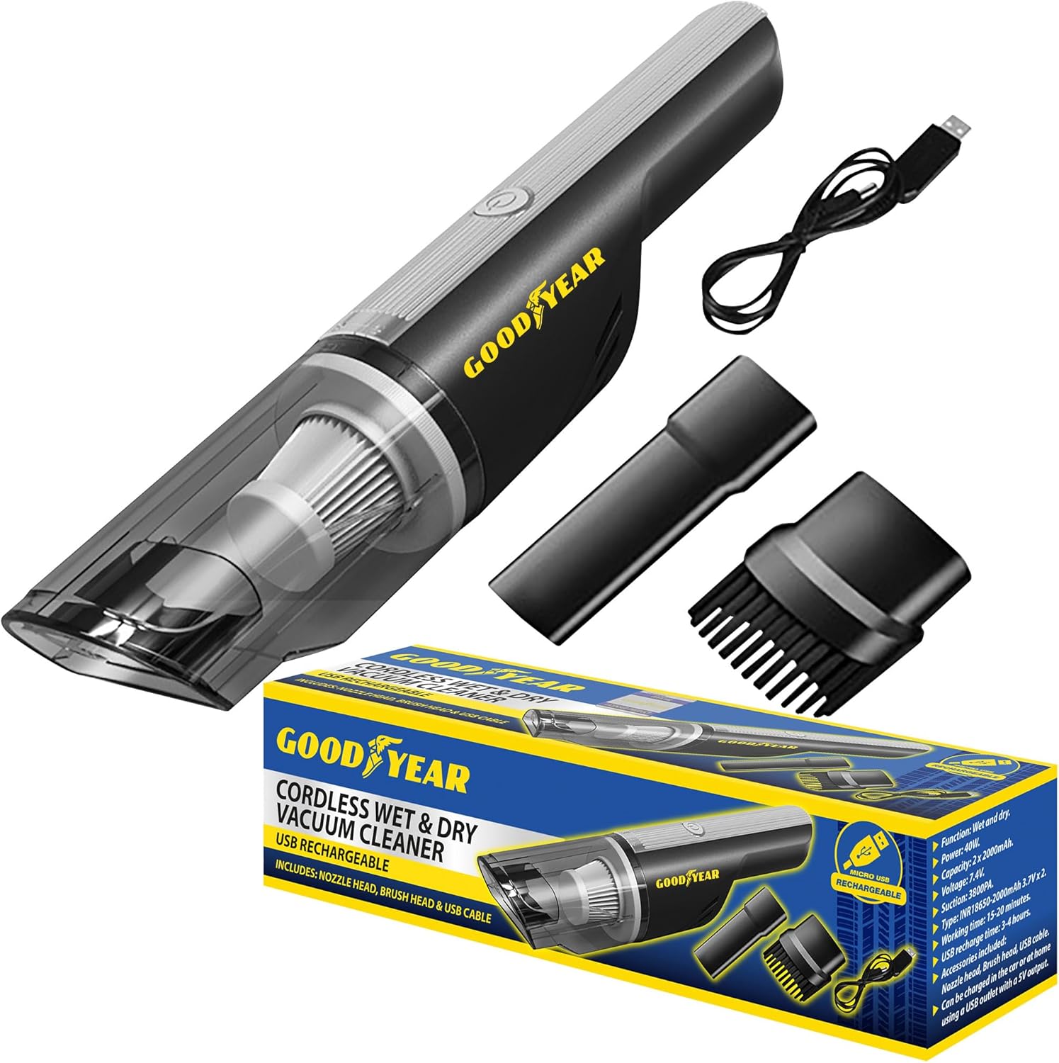 Goodyear 900315, Cordless Car Vacuum Cleaner with Hepa Filter Wet
