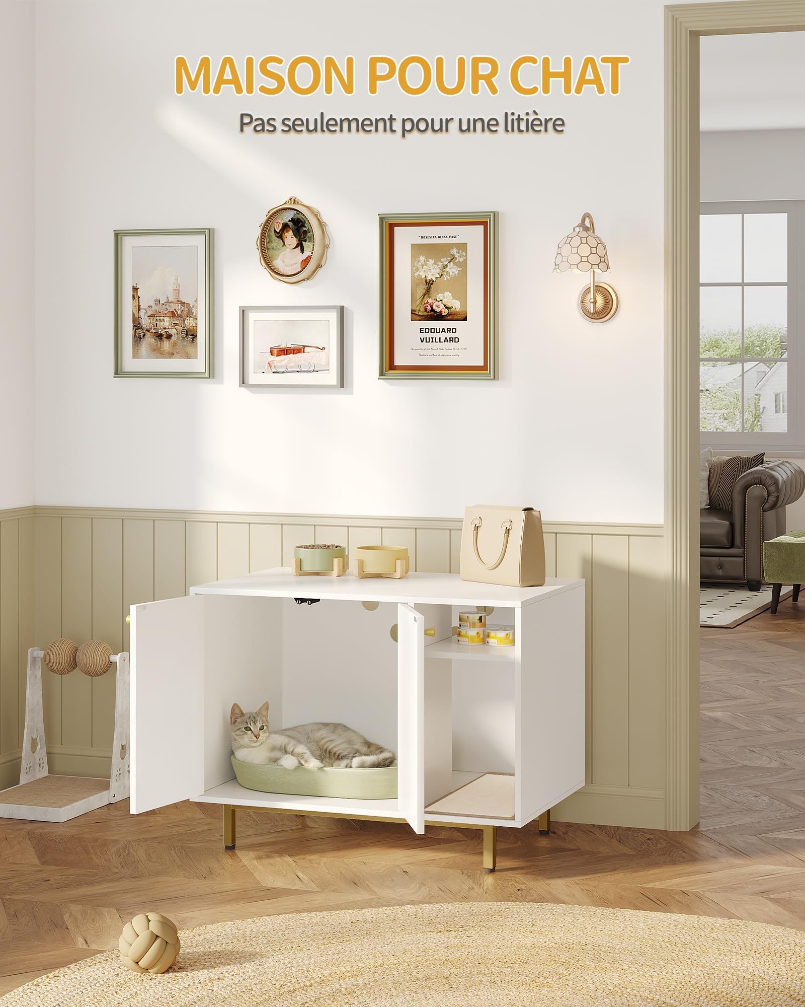 Hzuaneri Maison de Toilette Chat, Meuble Litiere Chat, Meubles Cachés, Maison pour Chats avec Porte et Cloison Séparée, Table d'appoint en Bois Domestique, 80 x 50 x 61 cm, Blanc et Or 01503GCLB