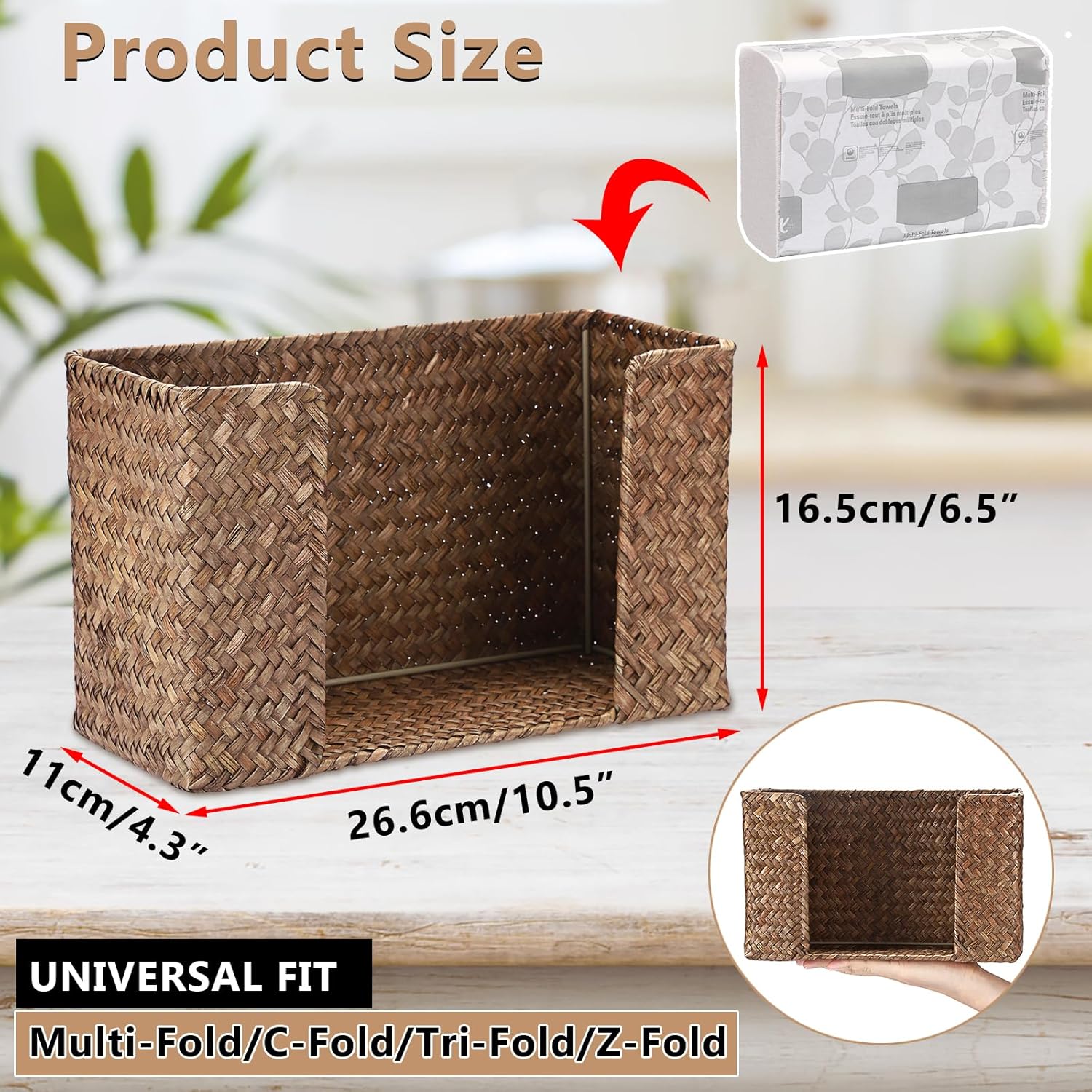Sumnacon Folded Paper Towel Holder Wicker Countertop Paper Towels Dispenser for Bathroom Toilet Kitchen Restaurant, Farmhouse Woven Napkin Holder Organizer for Multifold C-Fold, Trifold Hand Towels - Image 3