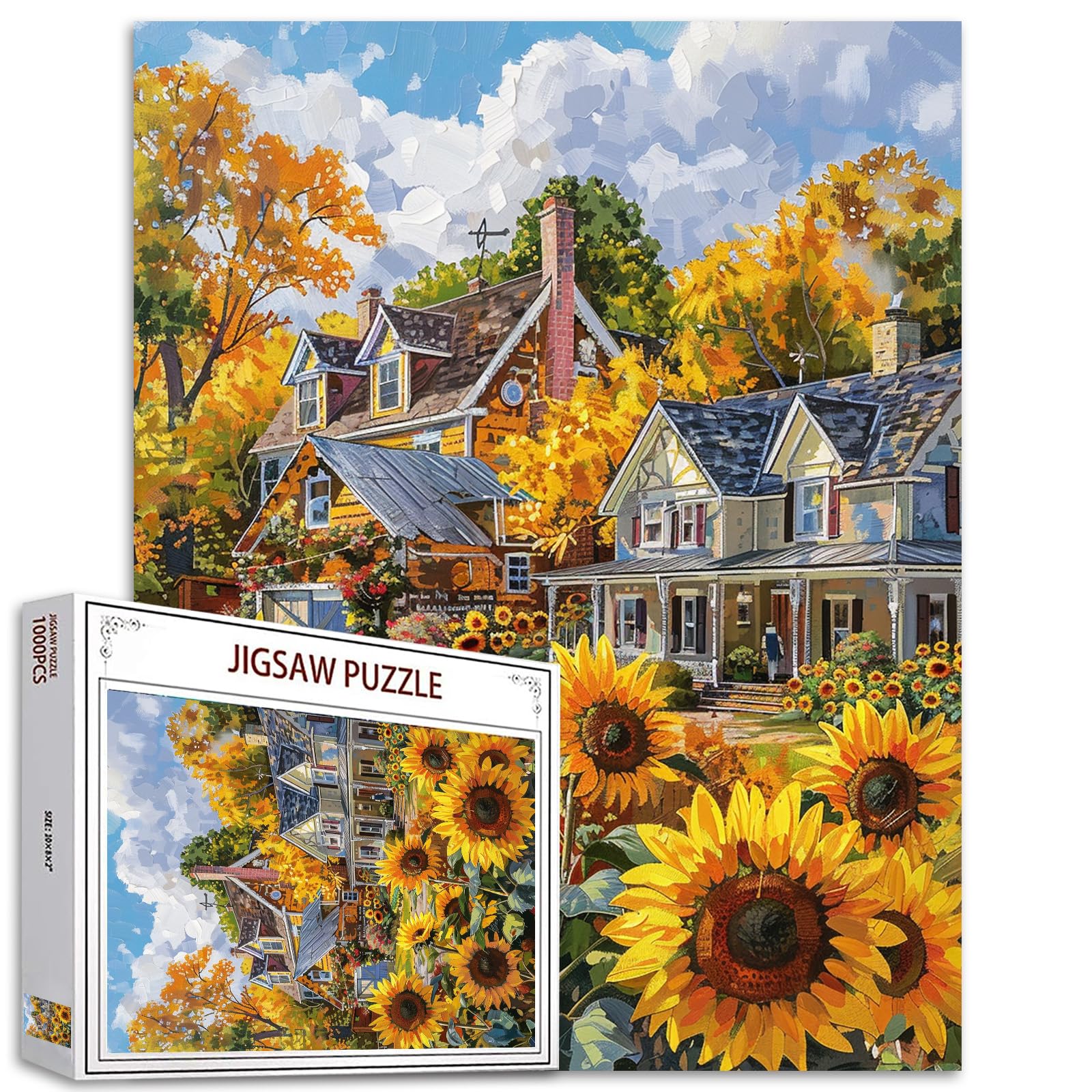 Tucocoo 1000 Piece Jigsaw Puzzles for Adults Autumn Farmhouse Jigsaw Puzzle Sunflower Garden Scenery Art 1000 Pieces Puzzles for Challenging Family Activity Game Colorful DIY Puzzle Wall Decor Gifts