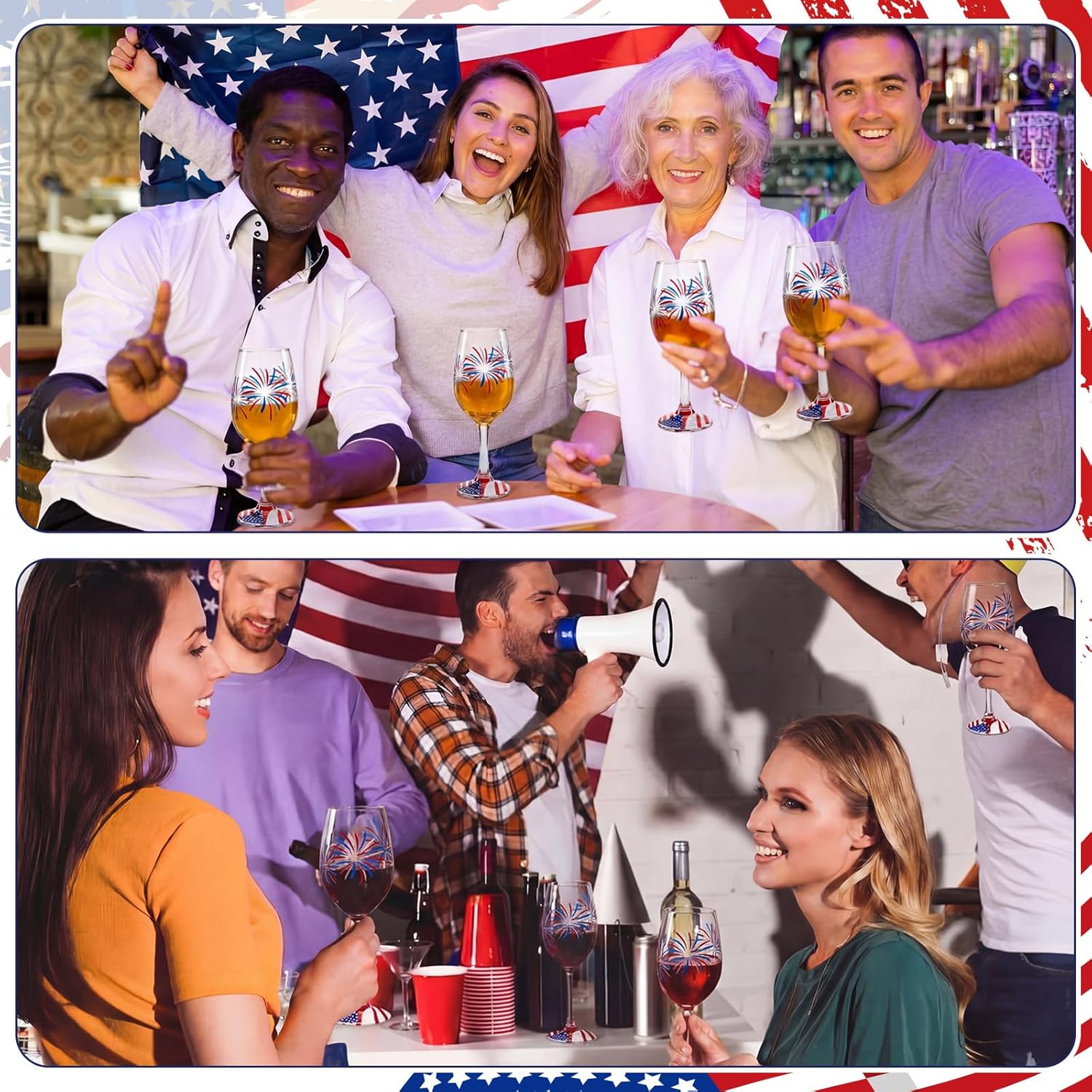 SiliFine 4 Pcs Independence Day 4th of July Party Stemmed Wine Glasses Hand Painted Fireworks USA American Flag Star Drinking Cup Wine Glasses Gifts for Birthday Theme Holiday Party Supplies