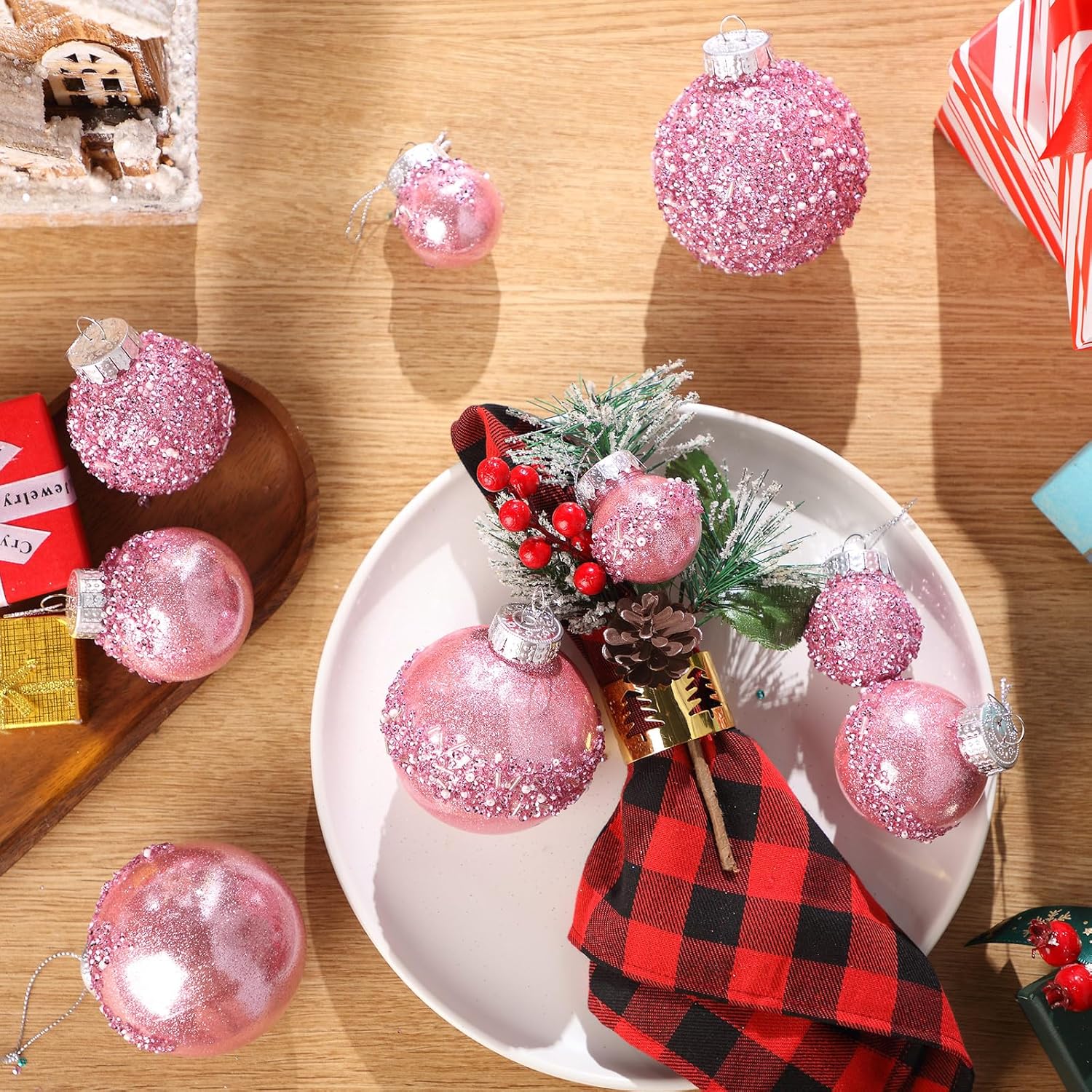 Civaner 24 Pcs Glitter Christmas Ball Ornaments Set 3.2'' 2.4'' 1.6'' Christmas Tree Ornaments Hanging Sequin Shatterproof Balls for Xmas Tree Wreath Garland Xmas Home Decor(Pink) - Image 6