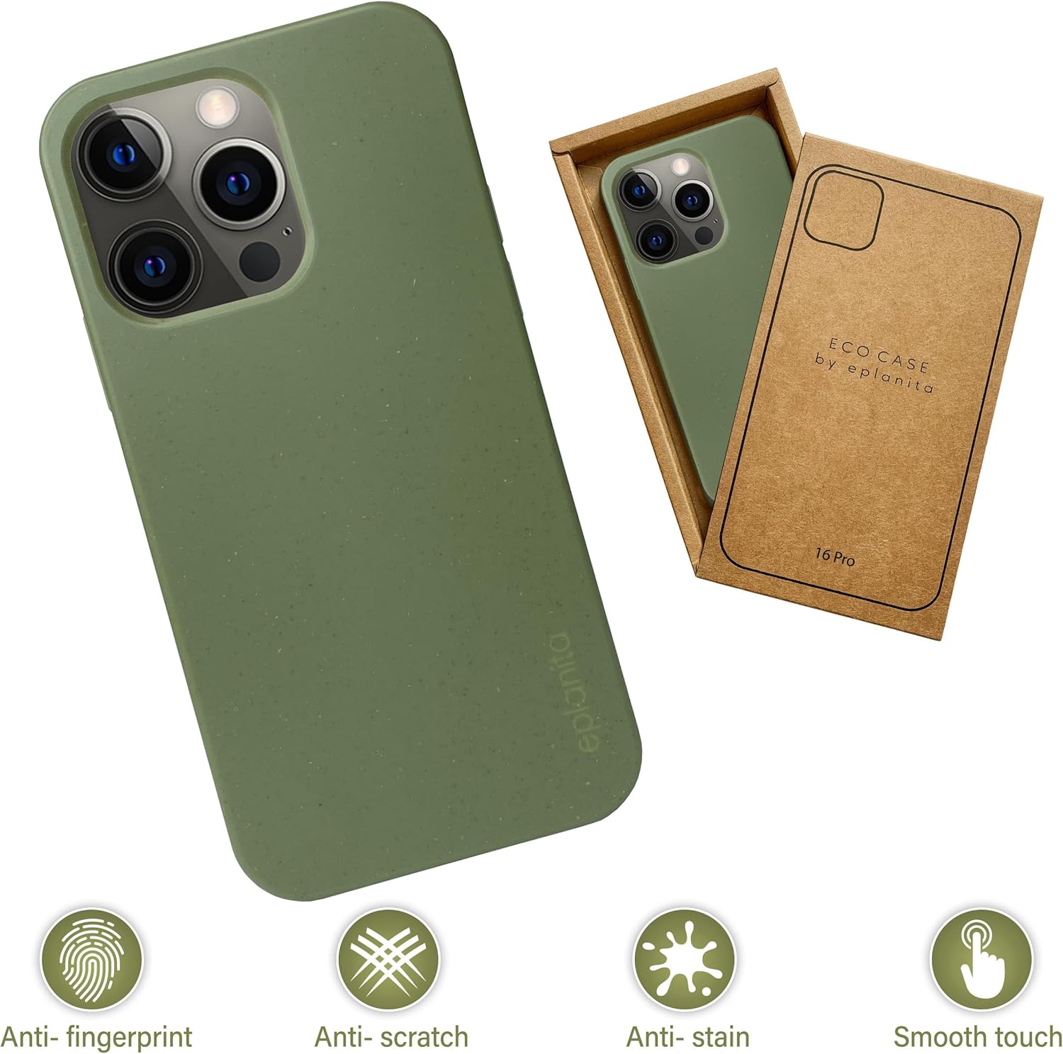 eplanita Eco Mobile Phone Case Compatible with iPhone 16 Pro, Plant Fiber, Drop Protection Cover, Durable and Sustainable (Khaki, for iPhone 16 Pro) - Image 2