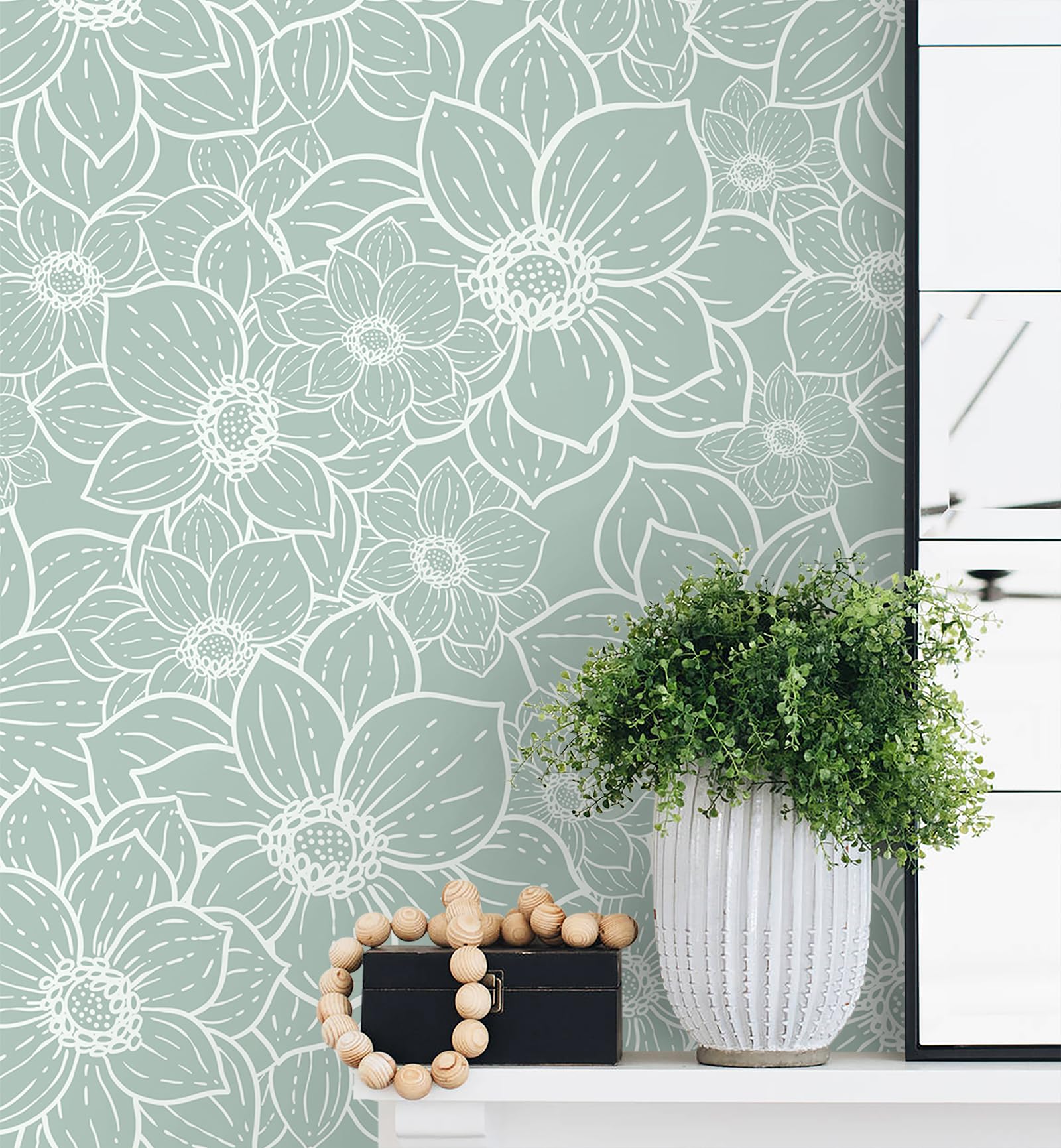 Guvana Peel and Stick Wallpaper Floral Wall Paper Boho Grayish Green and White Removable Self Adhesive Wallpaper for Bedroom Bathroom Contact Papaer