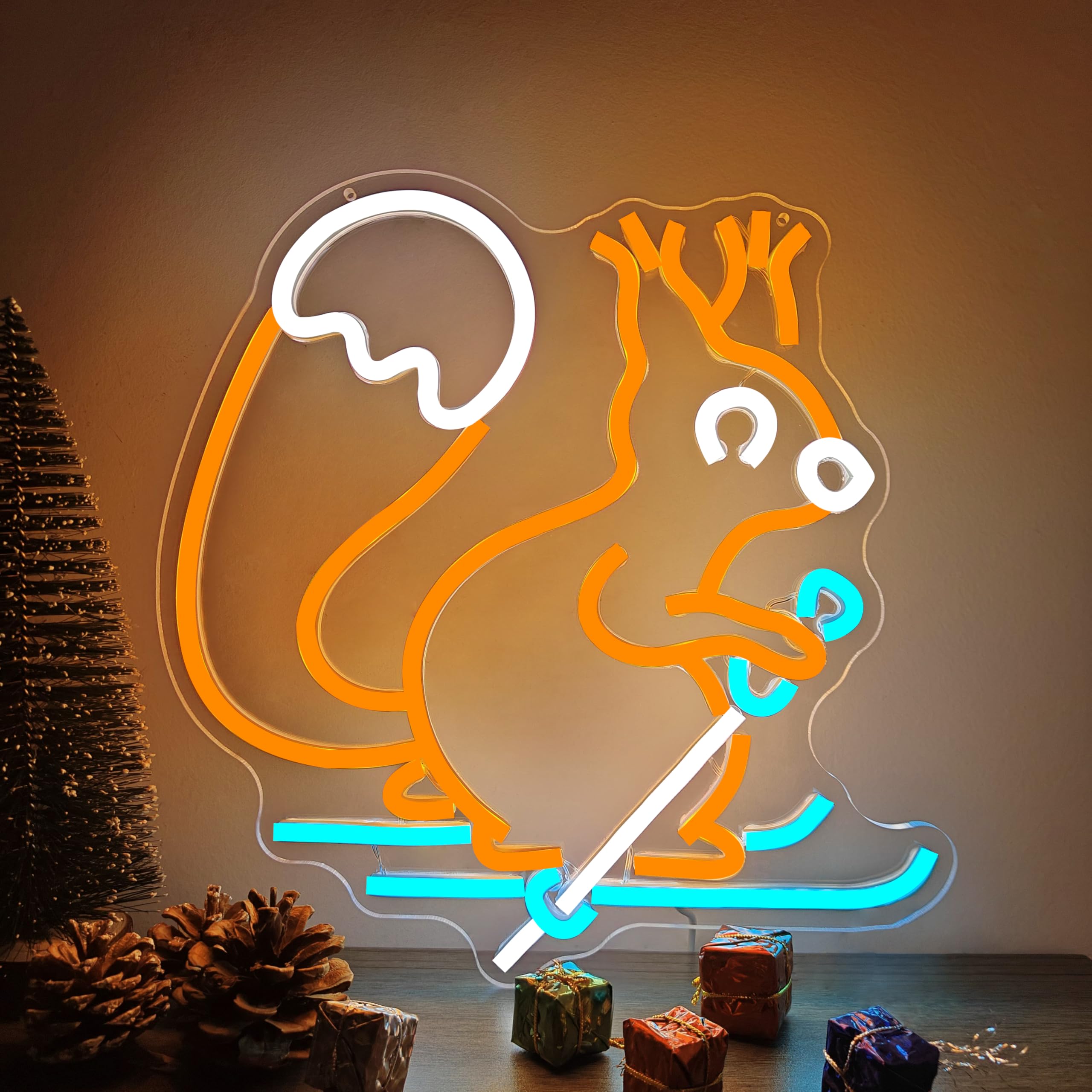 hhuohuona Squirrel Neon Sign Dimmable Squirrel Skiing Led Sign Winter Sports Animal Led Wall Decor Christmas Vacation Squirrel Neon Lights for Bedroom